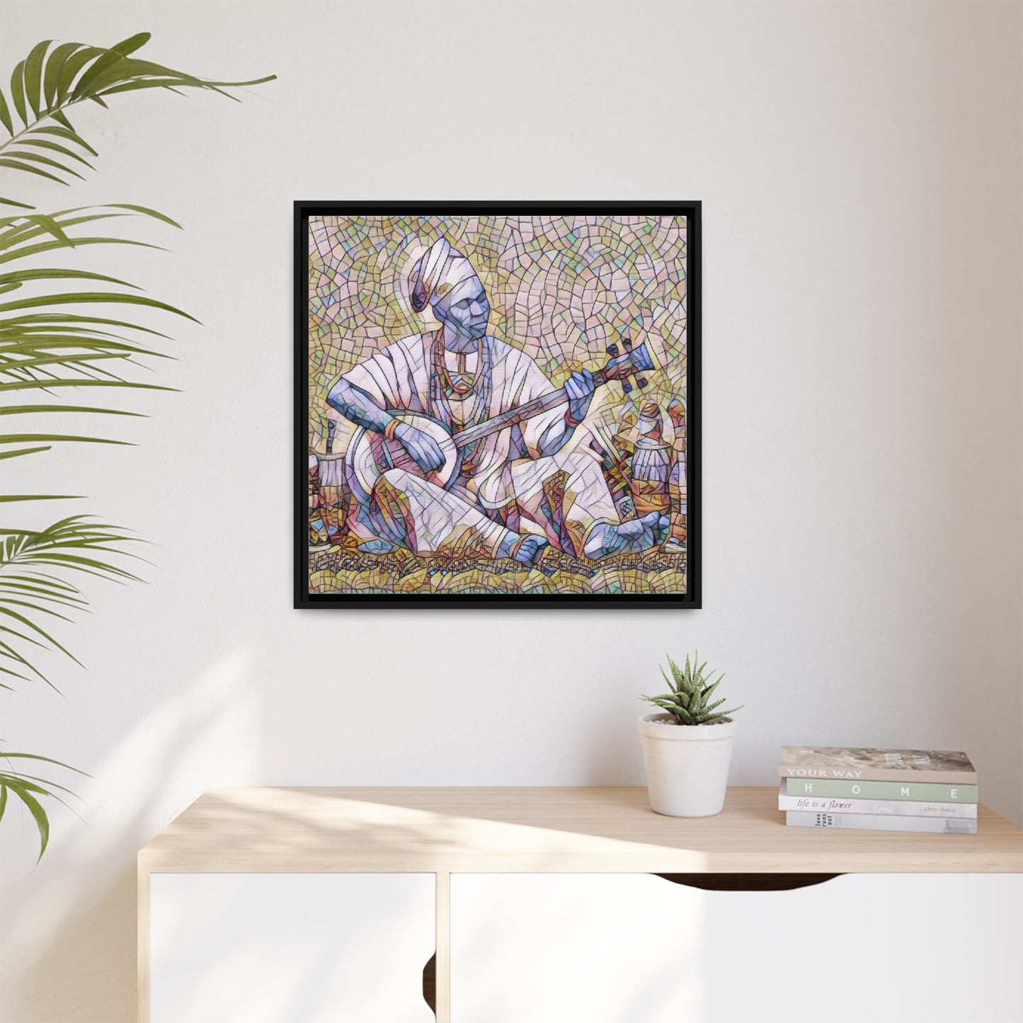 Framed Mosaic Musician Canvas Art — African Griot with Kora