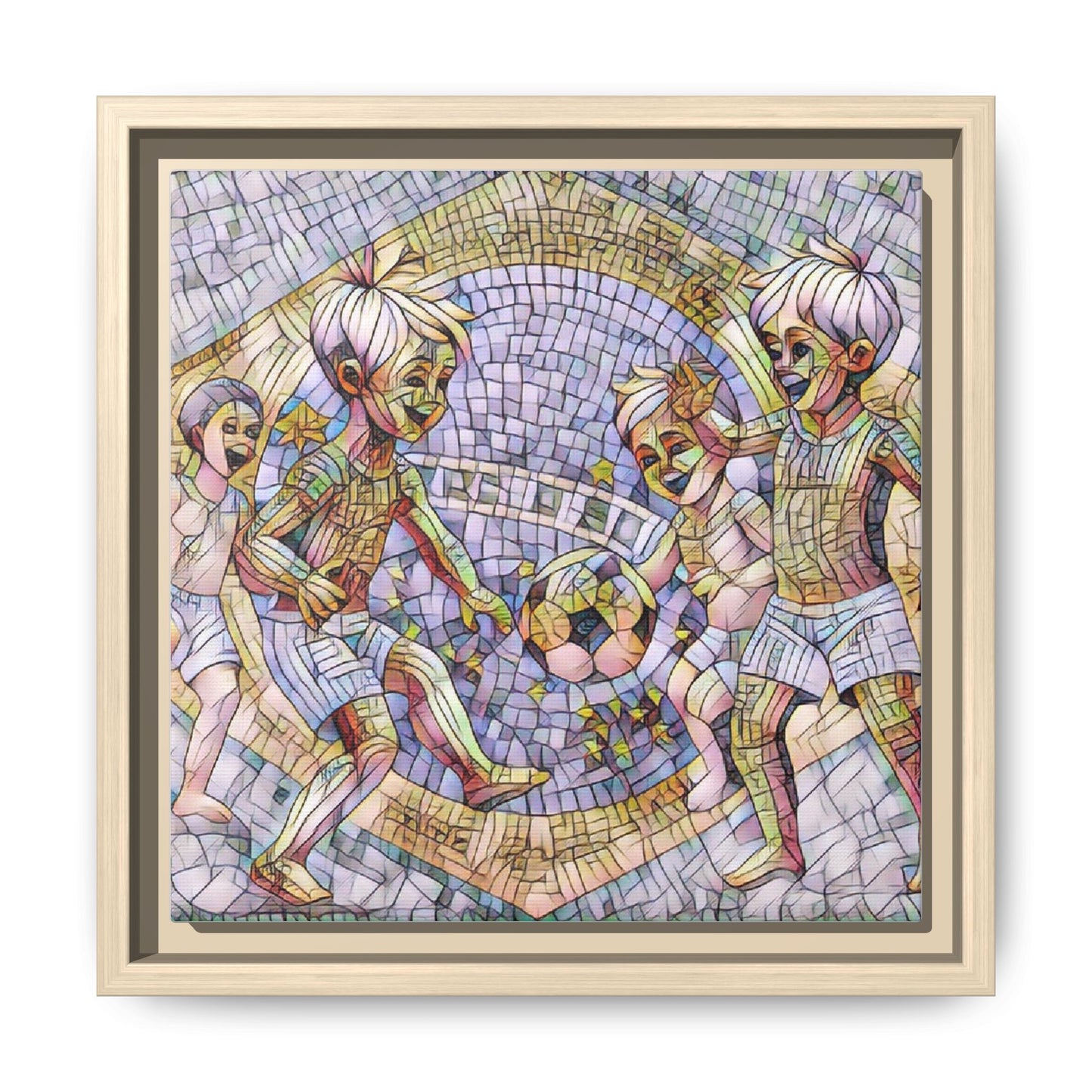 Framed Matte Canvas – Vintage Mosaic Kids Playing Soccer Art