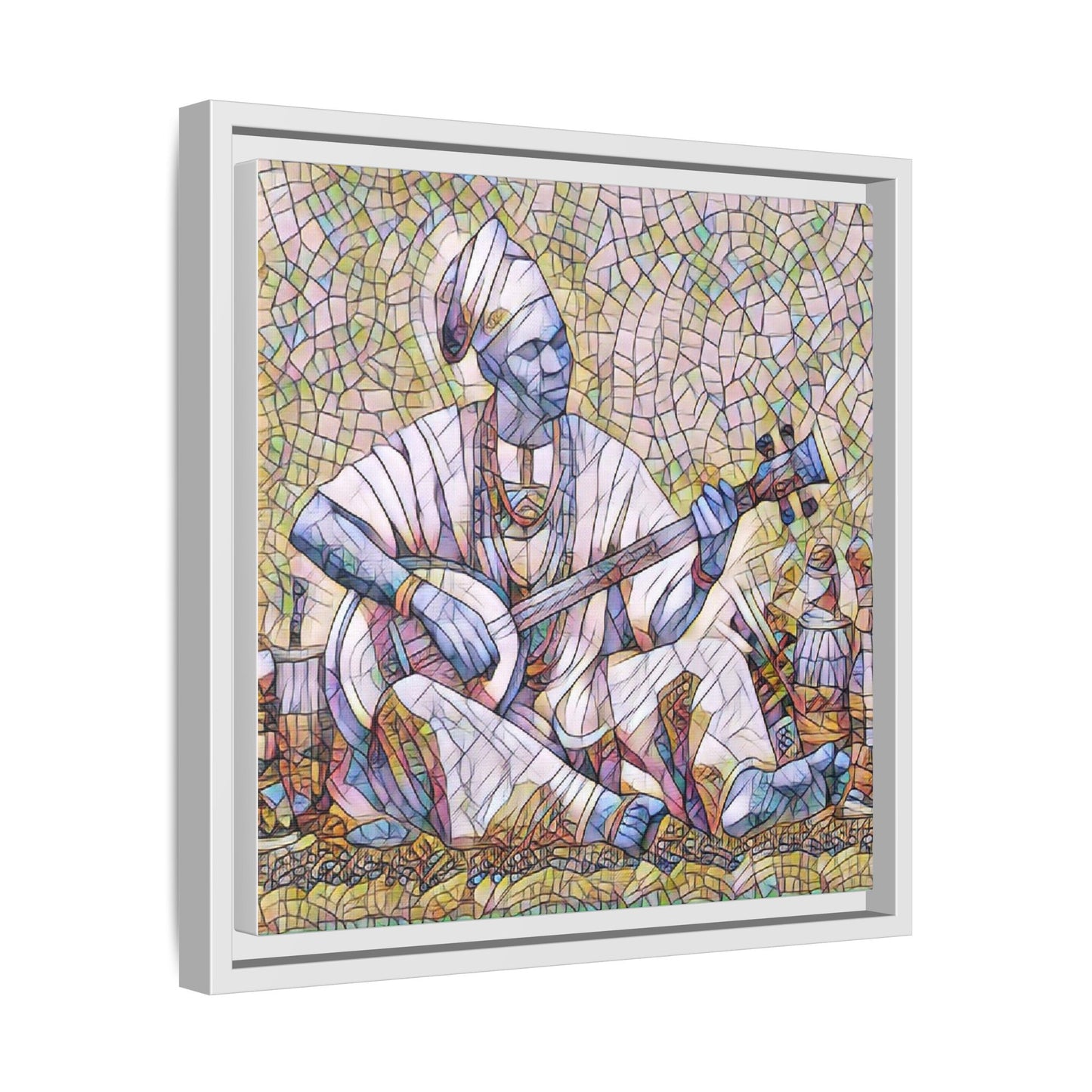 Framed Mosaic Musician Canvas Art — African Griot with Kora