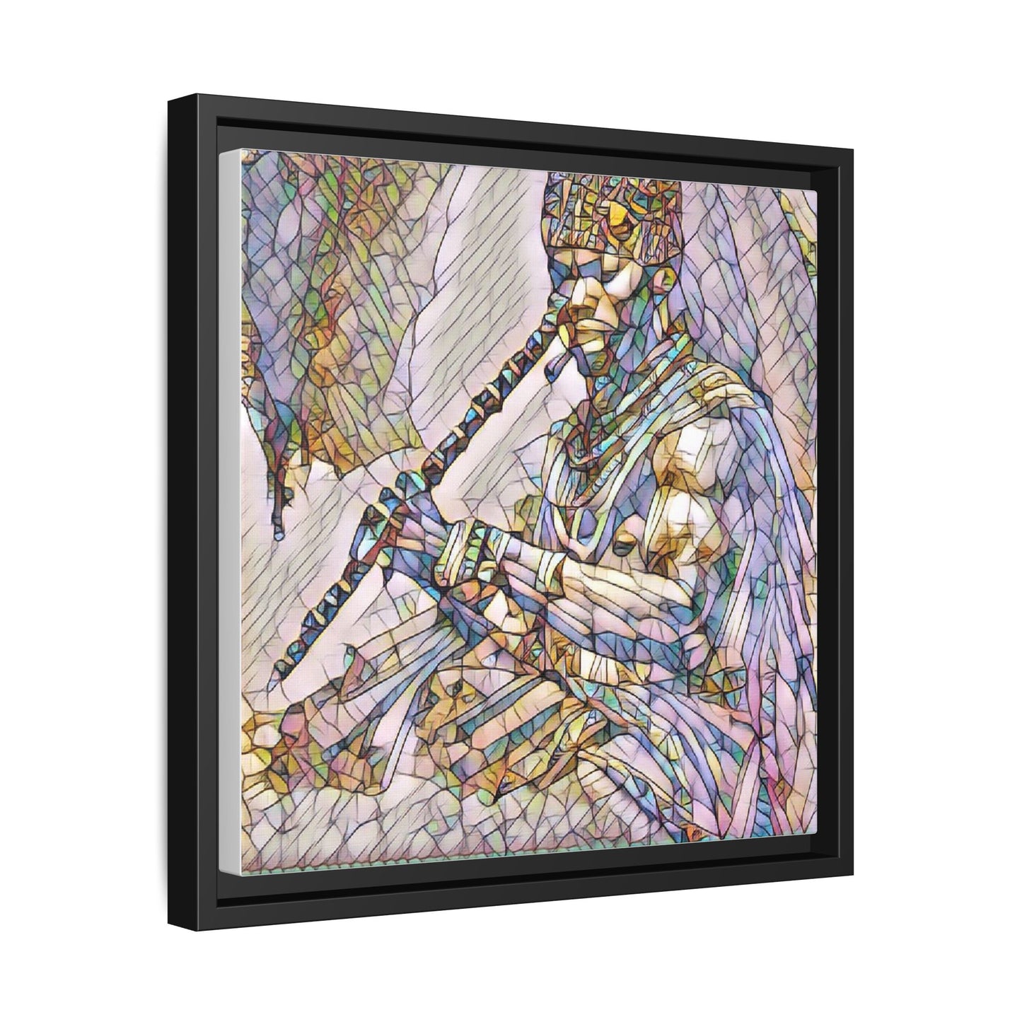 Tribal Flute Musician Stained-Glass Framed Canvas Art