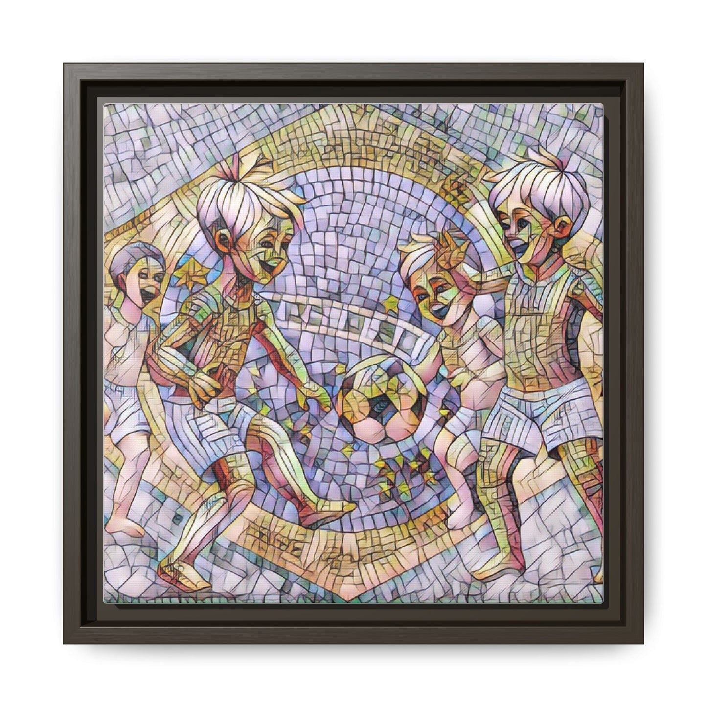 Framed Matte Canvas – Vintage Mosaic Kids Playing Soccer Art