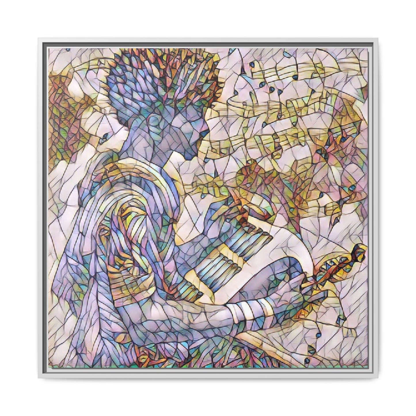 Abstract Jazz Musician Framed Canvas Art — Colorful Stained-Glass Style Wall Decor