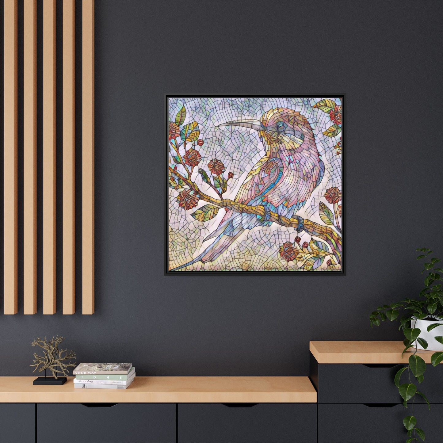 Framed Mosaic Bird Art Print — Colorful Kookaburra Wall Canvas