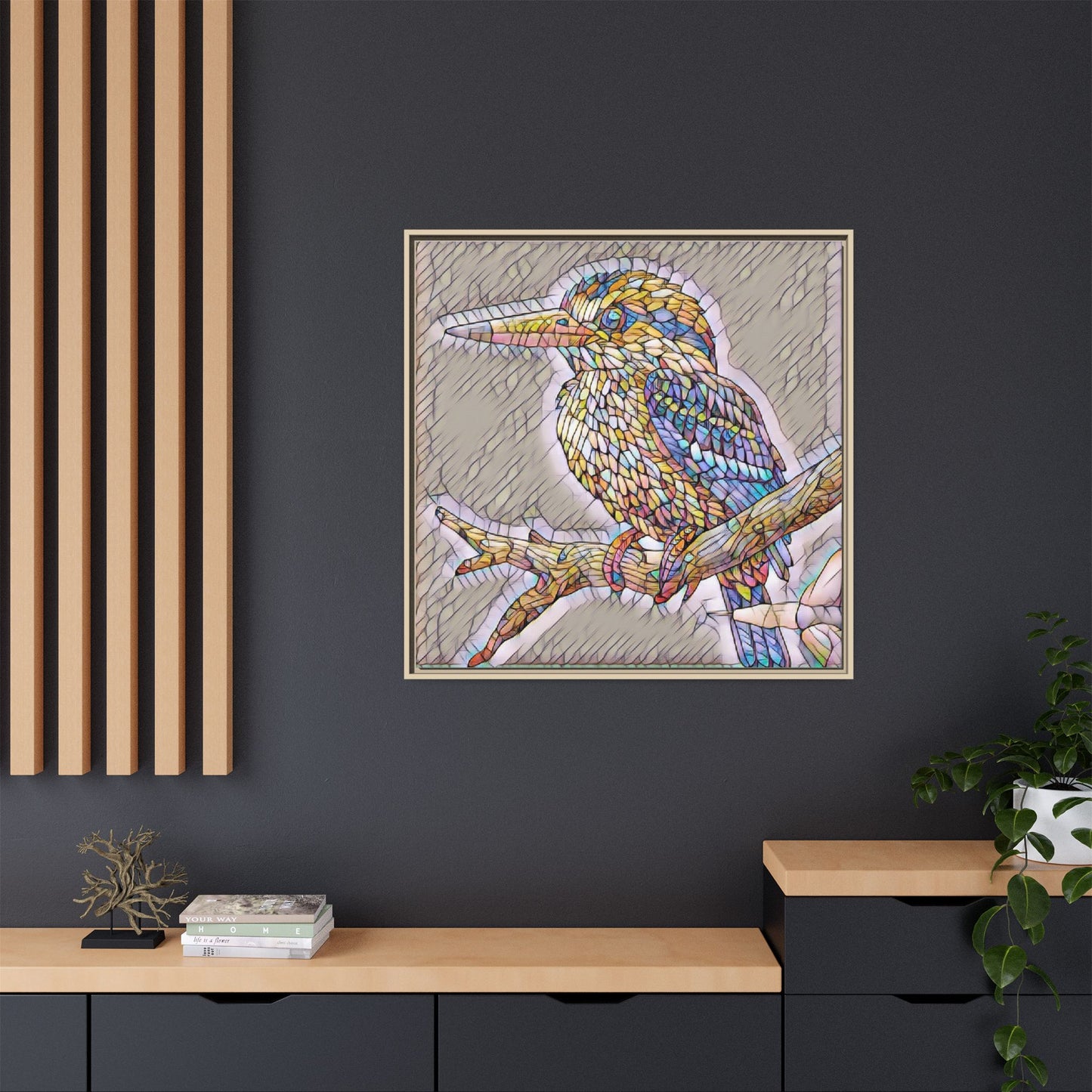 Colorful Kingfisher Framed Canvas Wall Art — Stained-Glass Style Bird Print
