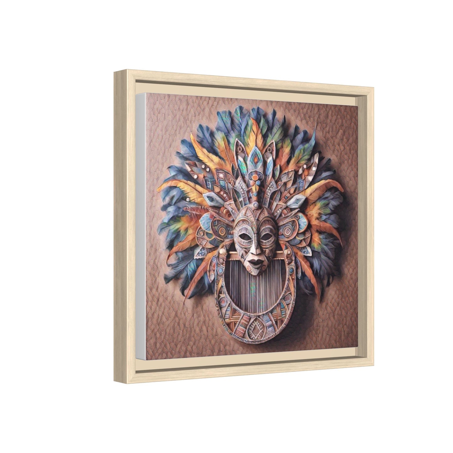 Tribal Feather Mask Framed Canvas Wall Art — Colorful Boho Decorative Print