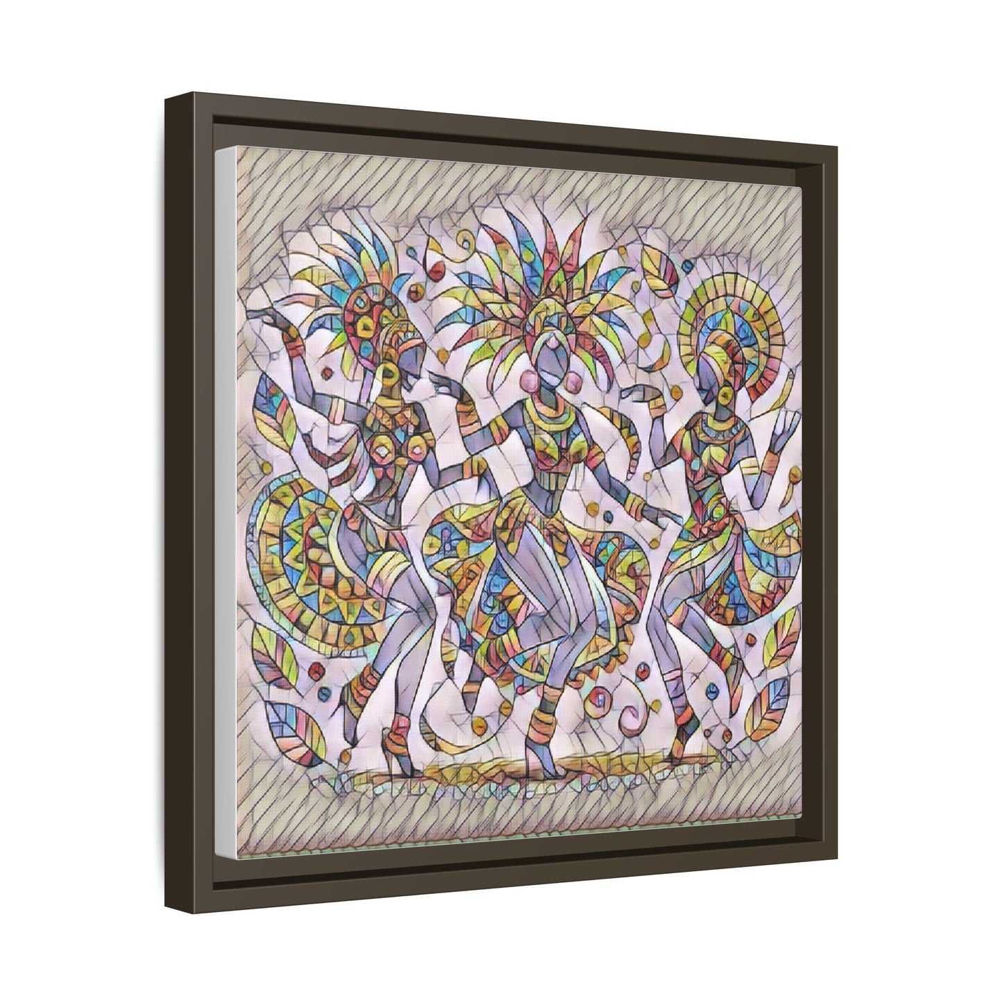 Colorful Carnival Dancers Framed Canvas Art — Multicolor Tribal Celebration Print