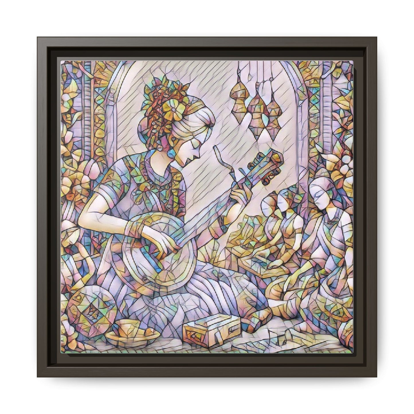 Framed Matte Canvas: Bohemian Woman Playing Lute — Stained-Glass Style Wall Art