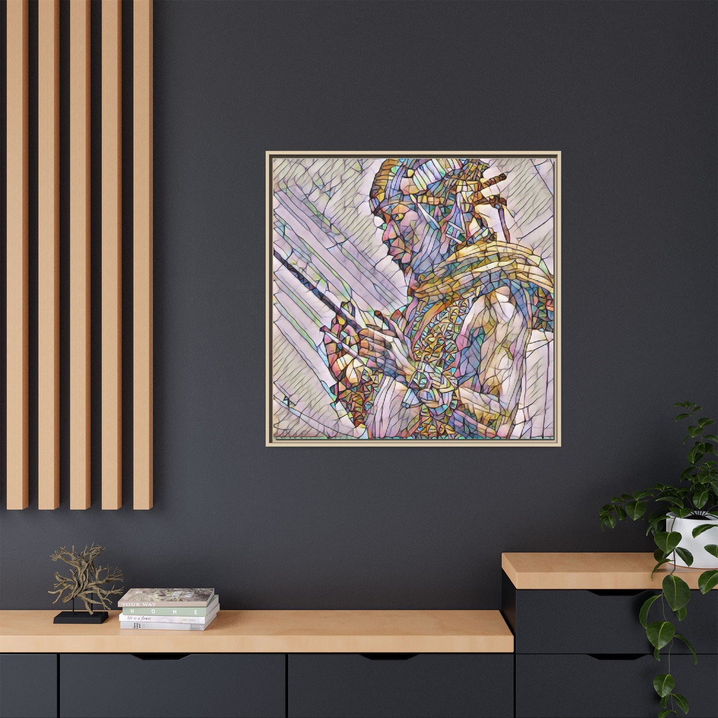 Framed Canvas Art - Colorful Tribal Warrior Portrait (Matte)