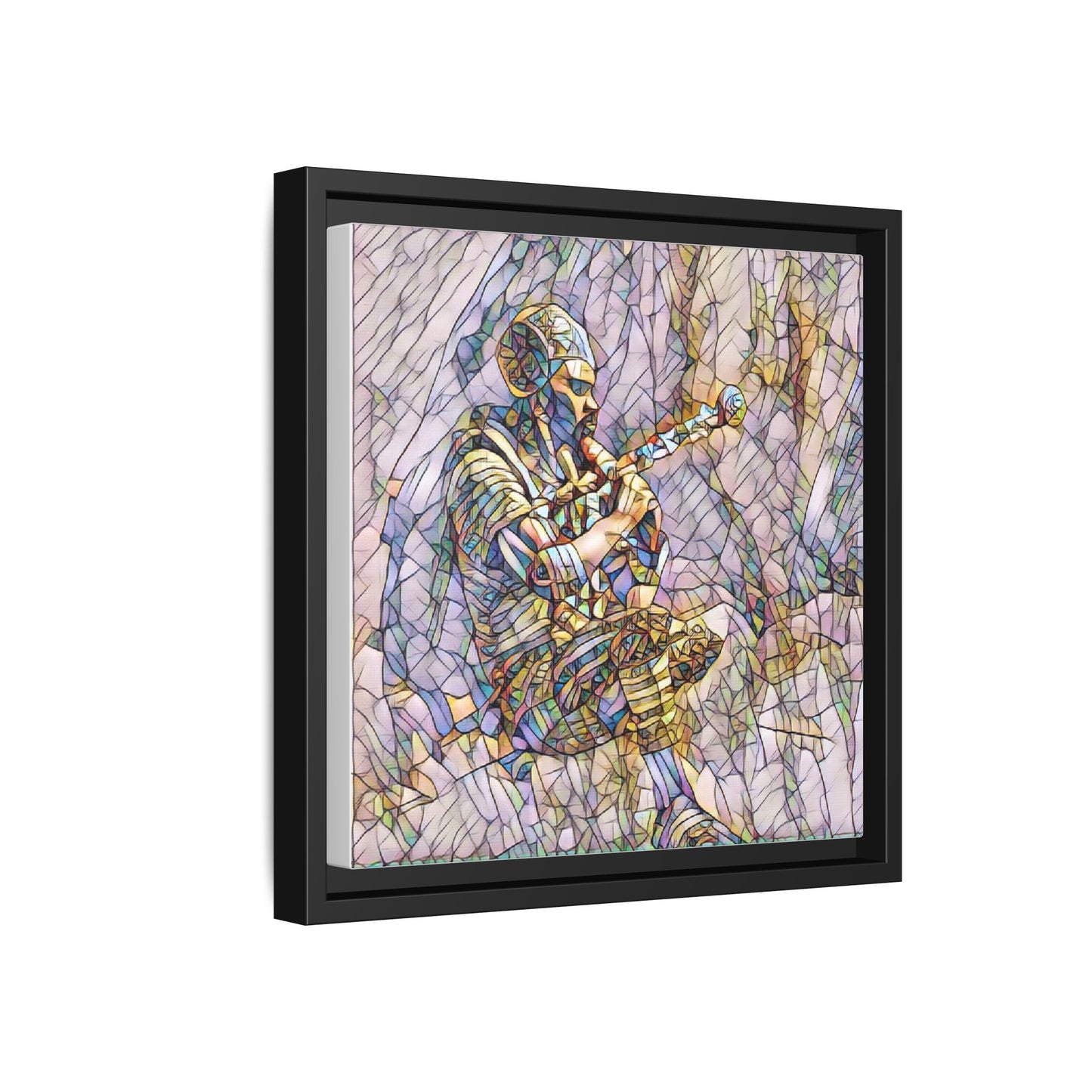 Celtic Piper Framed Matte Canvas — Stained-Glass Style Highland Bagpiper Art