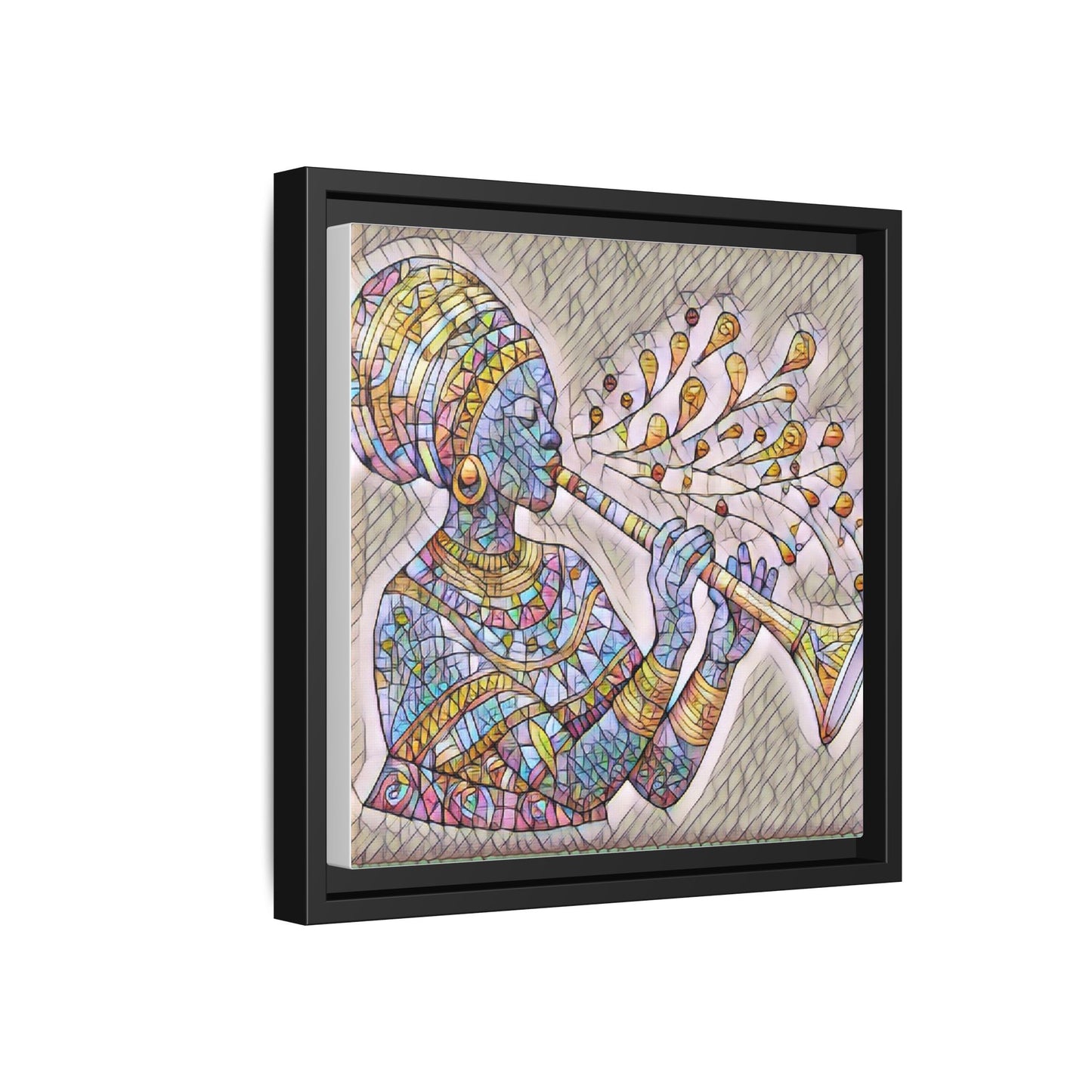 Framed Matte Canvas Art – Colorful African Musician Trumpet Print