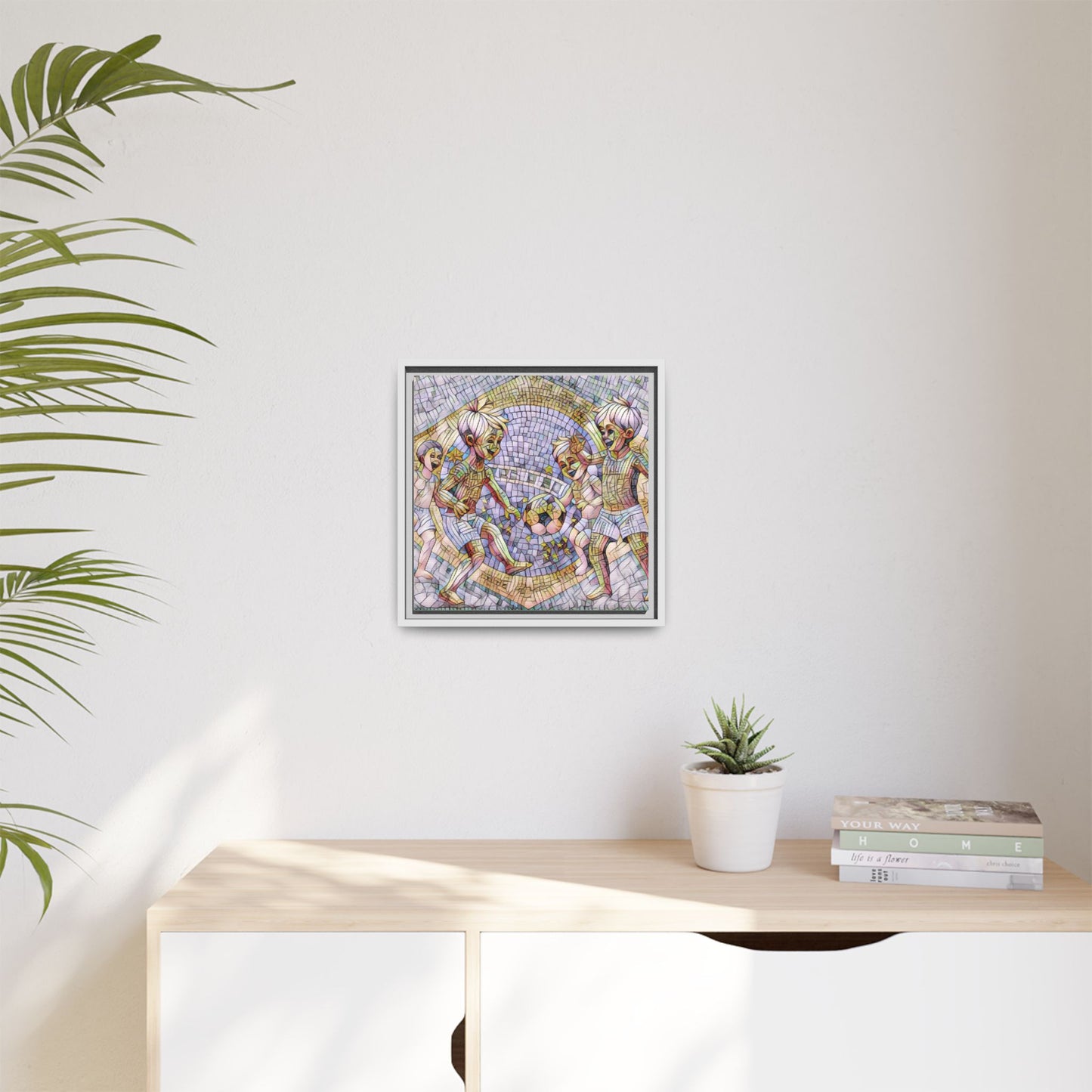 Framed Matte Canvas – Vintage Mosaic Kids Playing Soccer Art