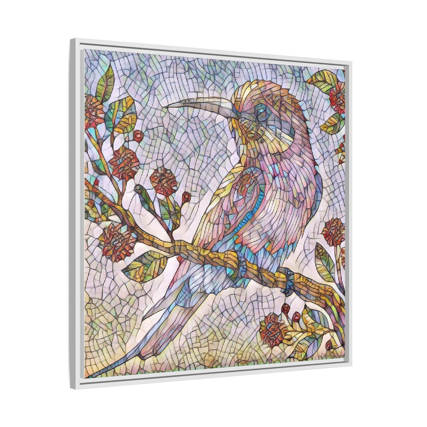 Framed Mosaic Bird Art Print — Colorful Kookaburra Wall Canvas