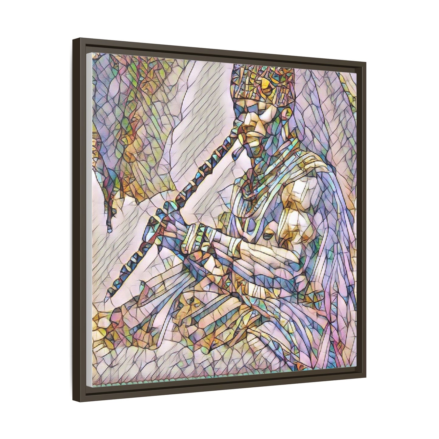 Tribal Flute Musician Stained-Glass Framed Canvas Art