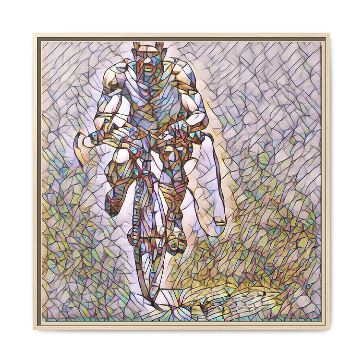 Cyclist Art Print — Framed Matte Canvas Wall Art (Multicolor Stained-Glass Style)