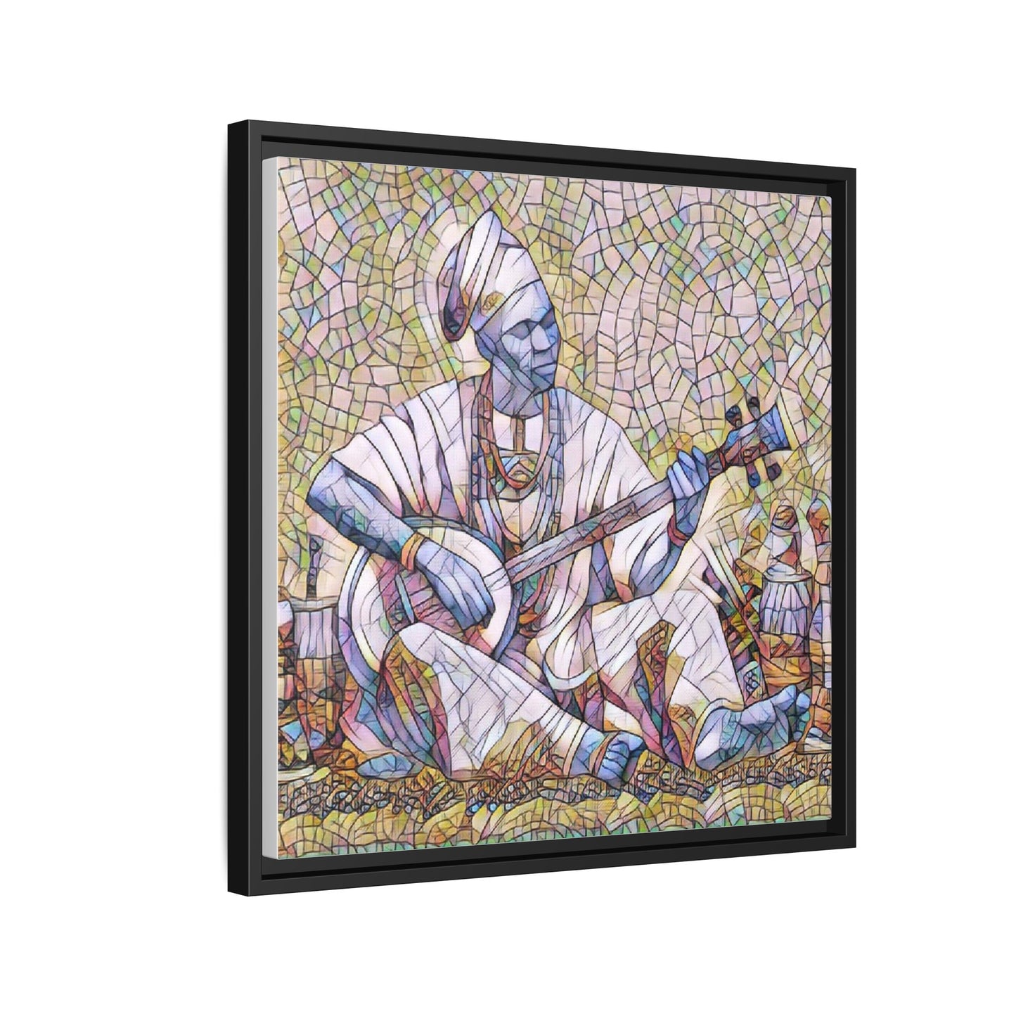 Framed Mosaic Musician Canvas Art — African Griot with Kora