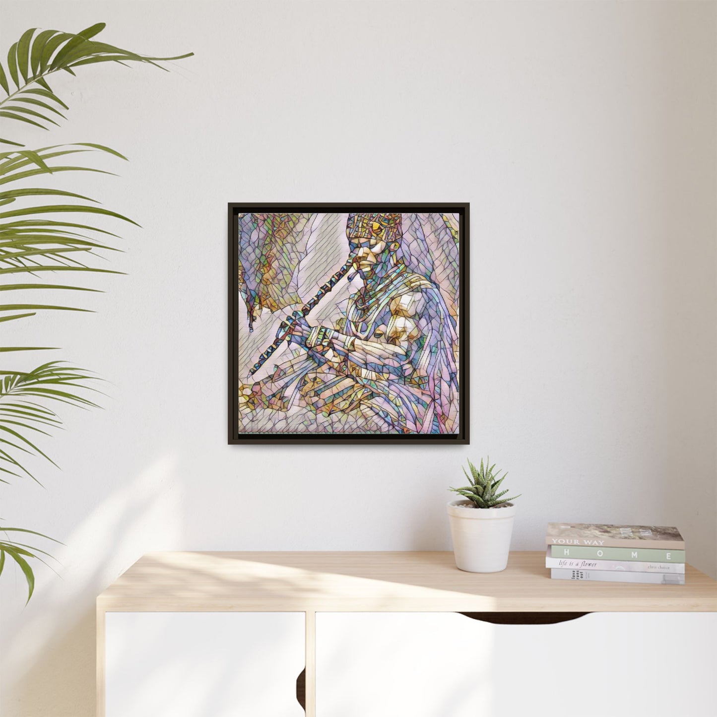 Tribal Flute Musician Stained-Glass Framed Canvas Art