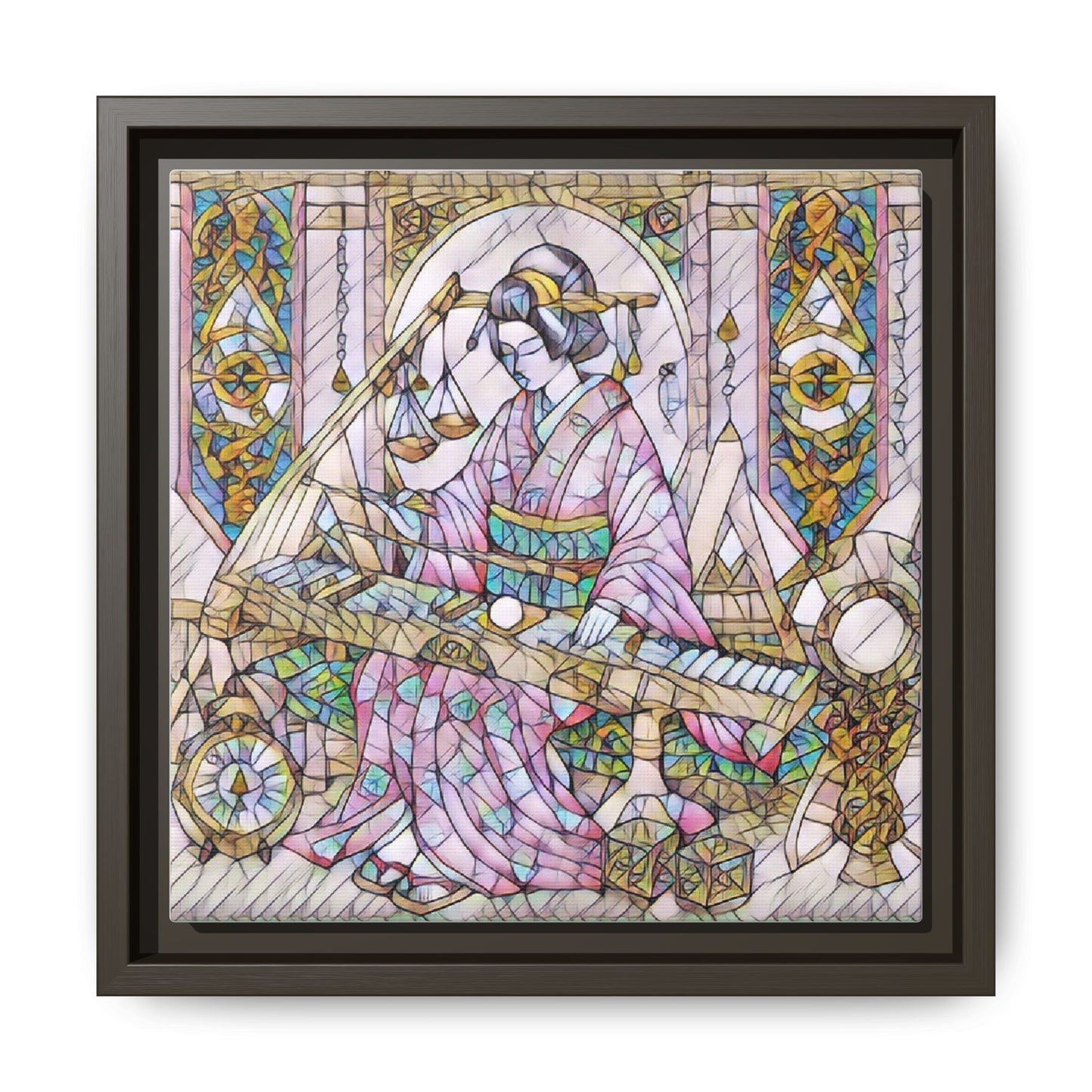 Framed Matte Canvas — Geisha Harp Stained-Glass Art Print
