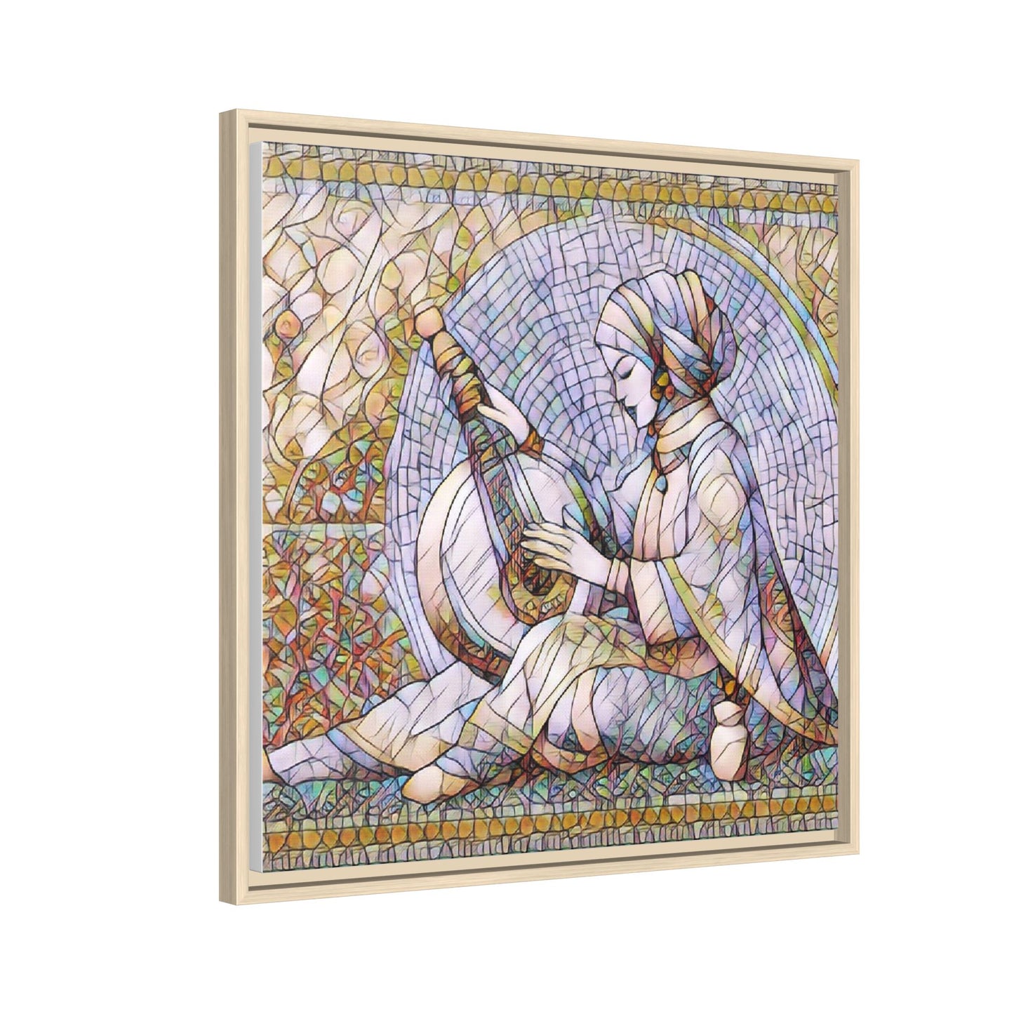 Framed Matte Canvas: Mosaic Lute Player Wall Art — Bohemian Musical Portrait