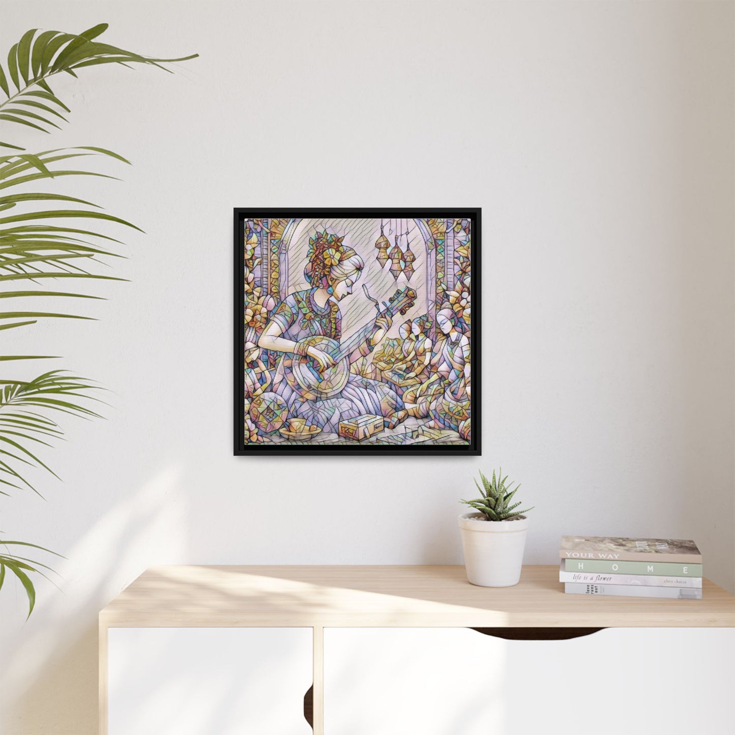 Framed Matte Canvas: Bohemian Woman Playing Lute — Stained-Glass Style Wall Art