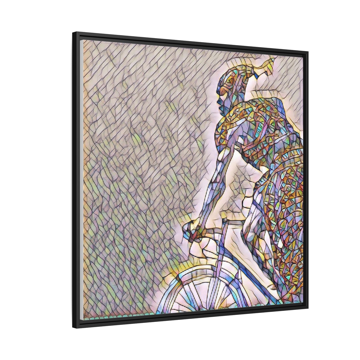 Cyclist Mosaic Matte Canvas Print — Framed Multicolor Bike Art