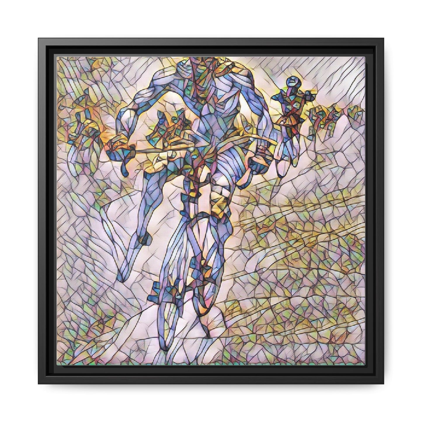 Abstract Cyclist Matte Canvas Framed Art — Colorful Stained-Glass Bike Print