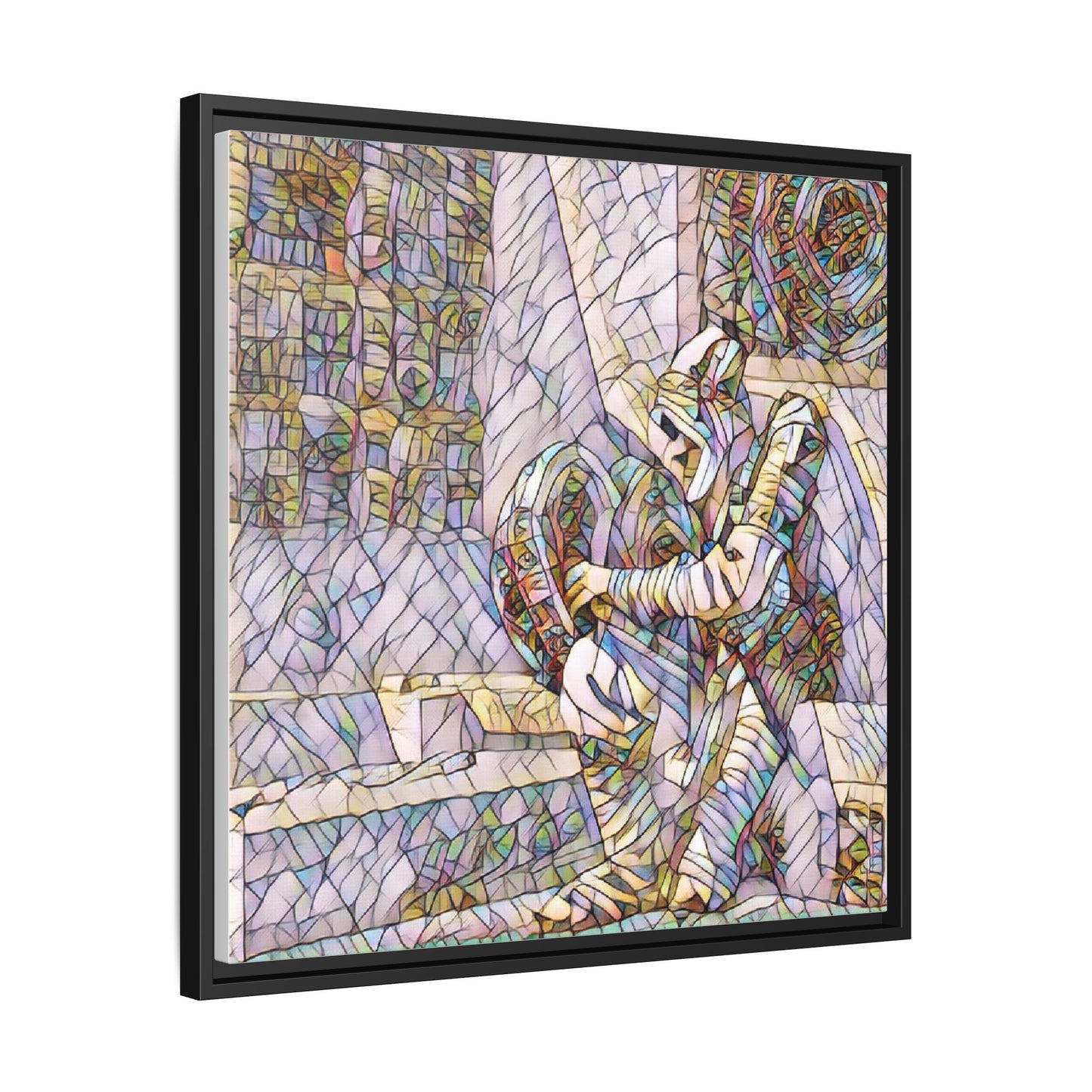 Framed Matte Canvas Art — Colorful Stained-Glass Astronaut Embrace