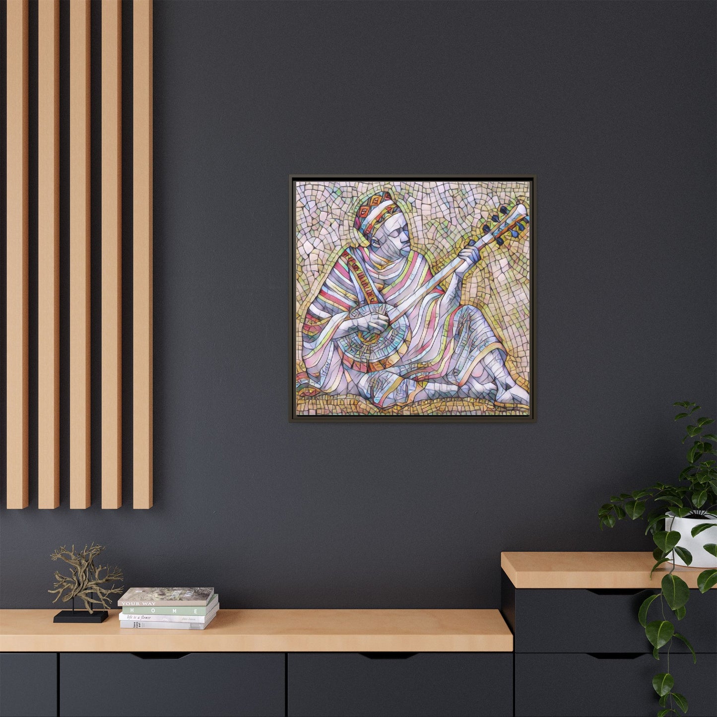 Framed Mosaic Musician Canvas – Colorful Bohemian Wall Art