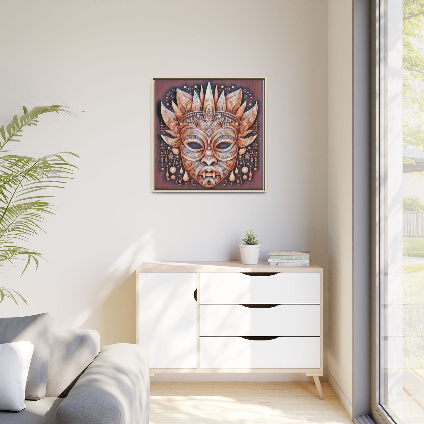 Tribal Sun Mask Framed Canvas Art — Boho Ethnic Wall Decor
