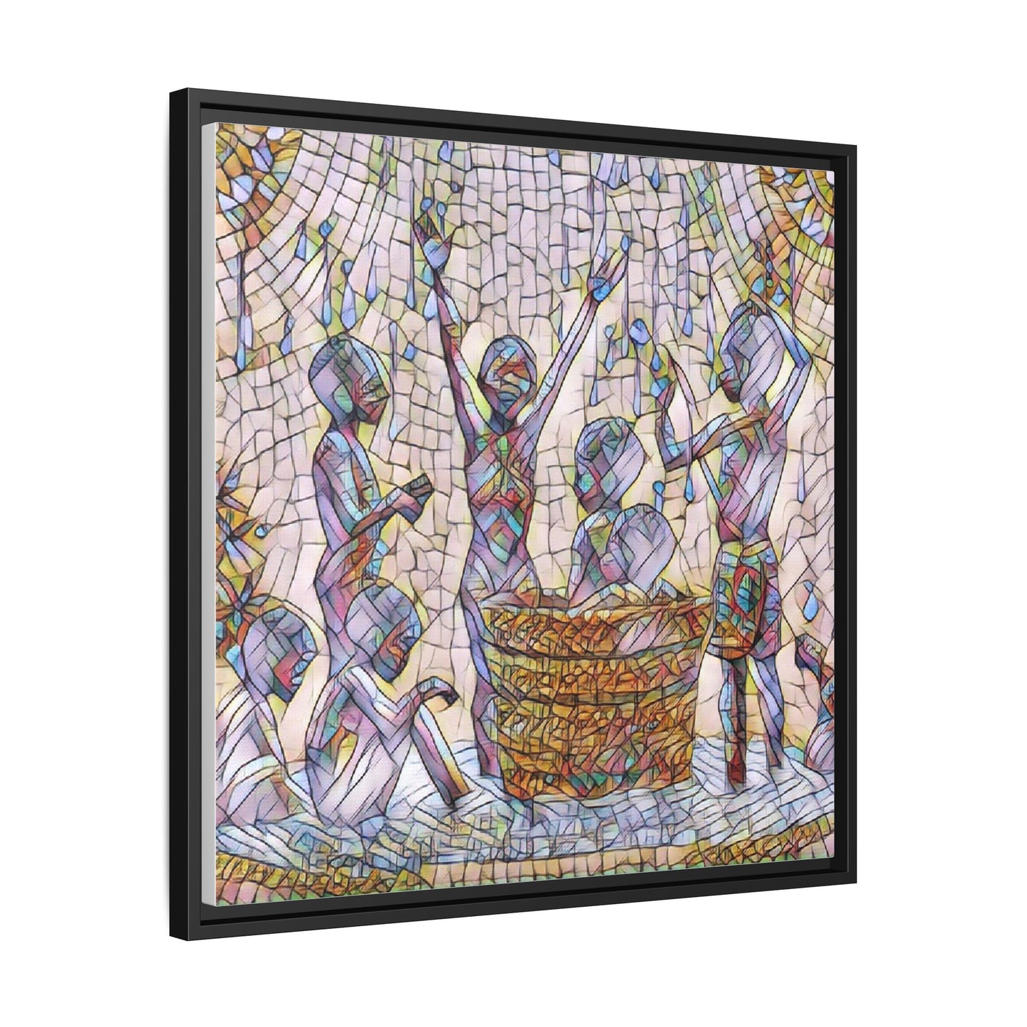 Framed Matte Canvas Art — Children Playing Mosaic Illustration