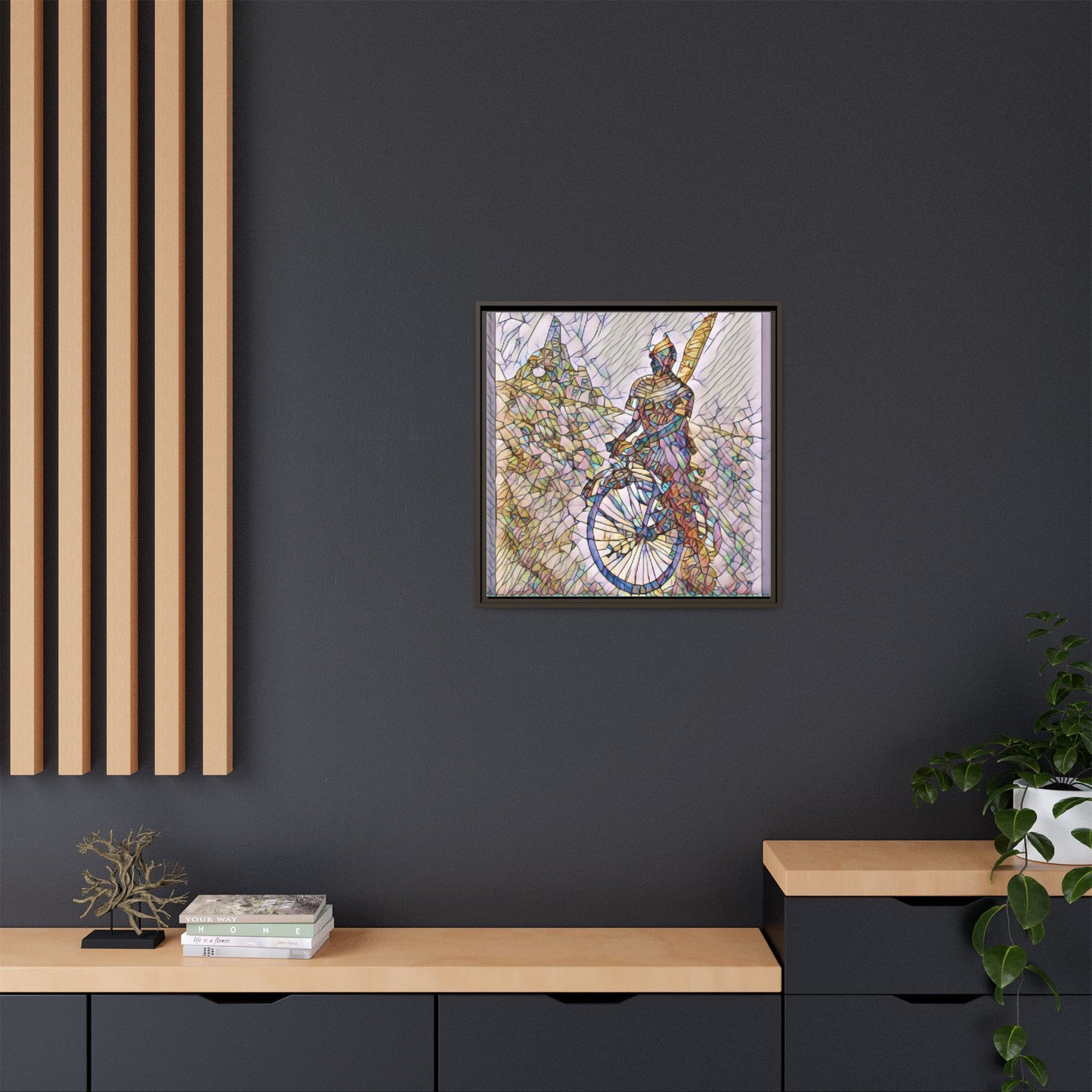 Cyclist Stained Glass Art Print — Framed Matte Canvas