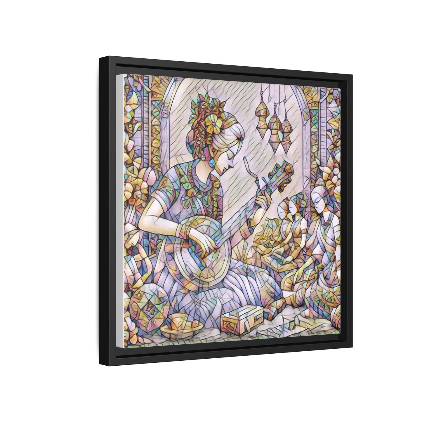 Framed Matte Canvas: Bohemian Woman Playing Lute — Stained-Glass Style Wall Art