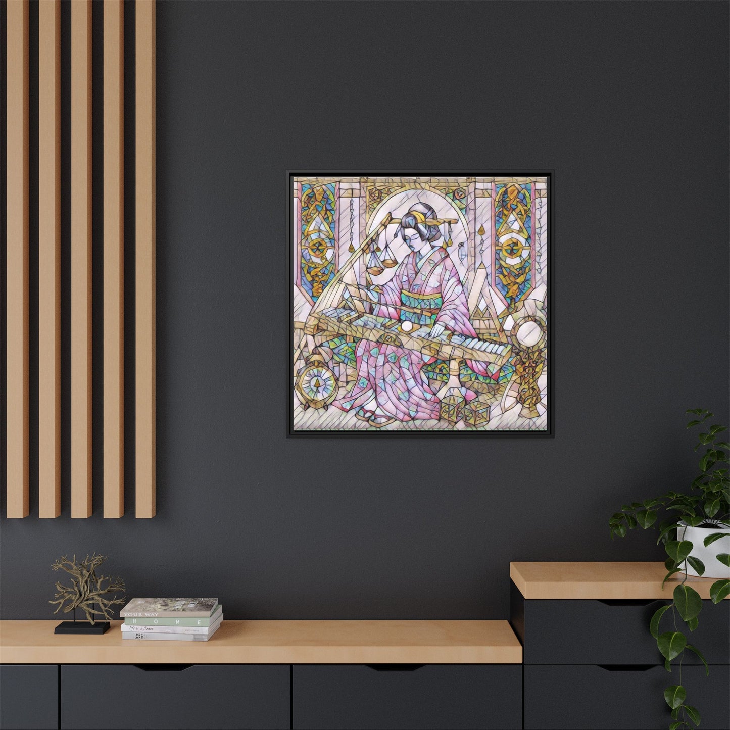 Framed Matte Canvas — Geisha Harp Stained-Glass Art Print