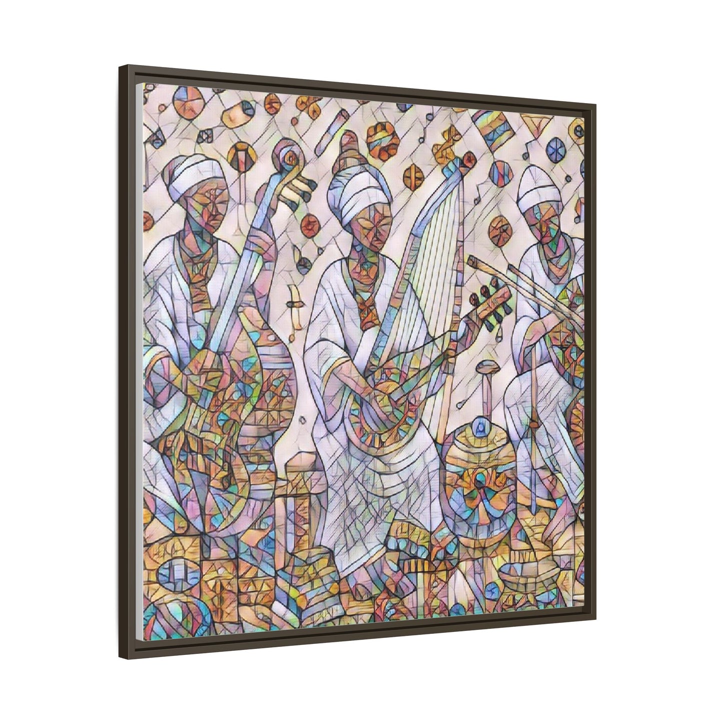 Framed Matte Canvas Print — Colorful African Musicians Stained-Glass Art