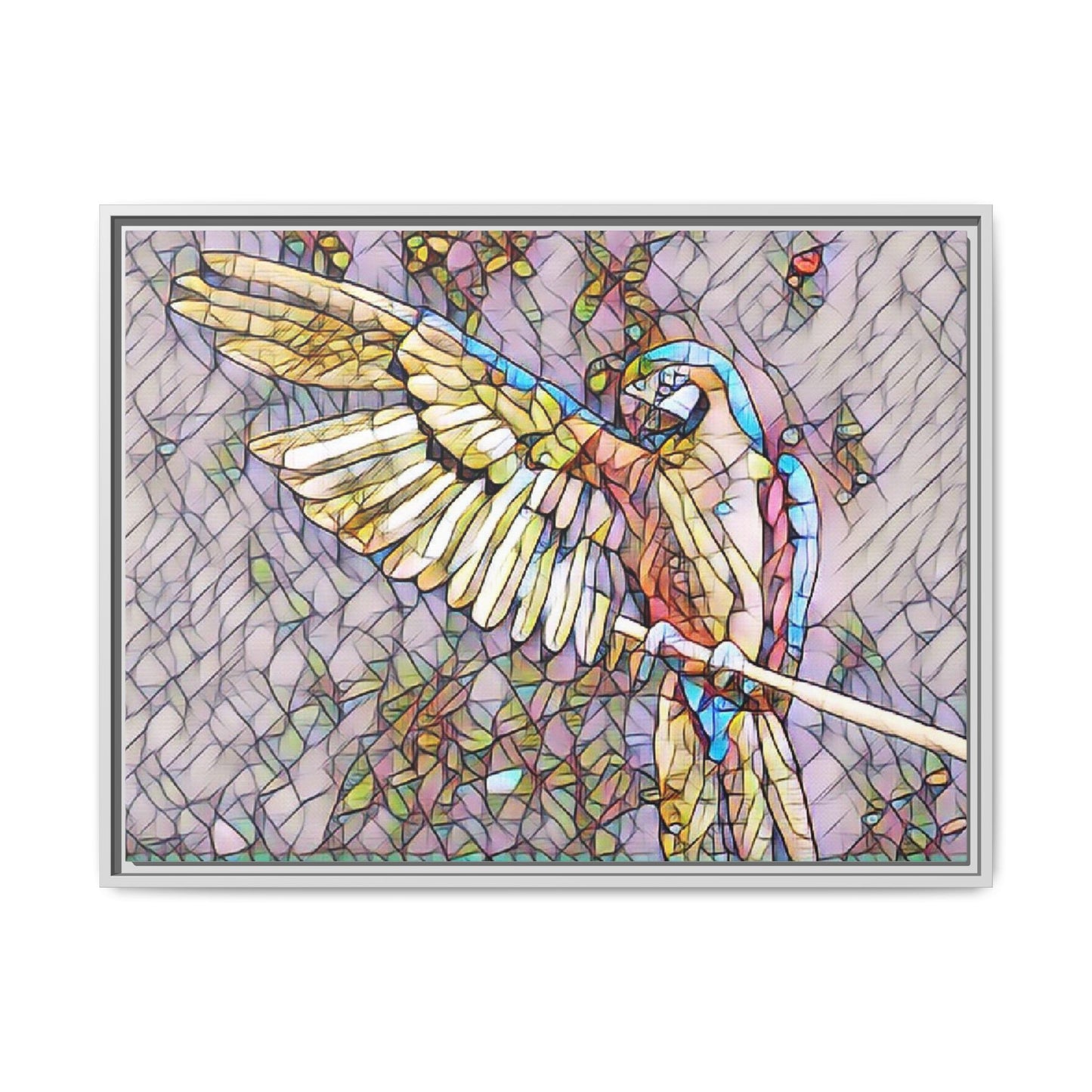 Framed Parrot Stained-Glass Art Print — Matte Canvas Wall Decor