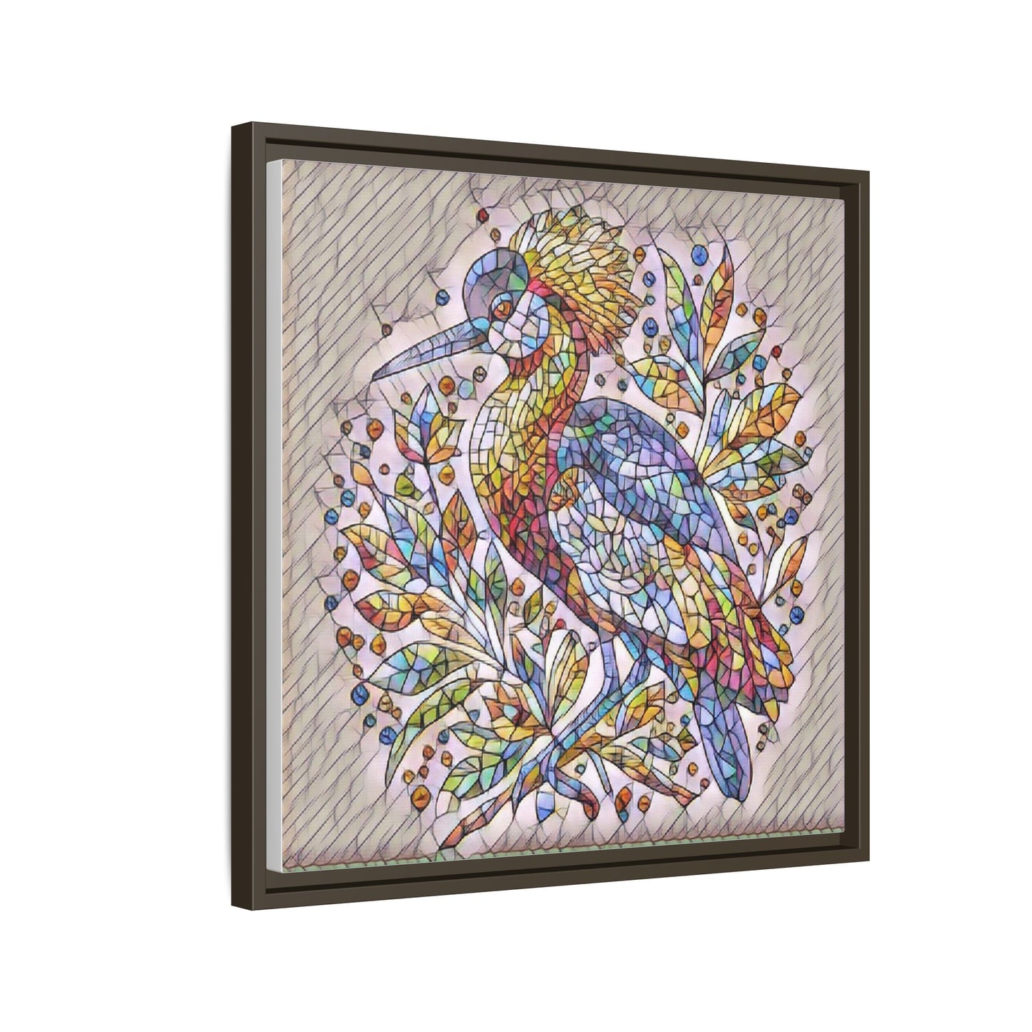 Colorful Stained-Glass Heron — Framed Matte Canvas Wall Art