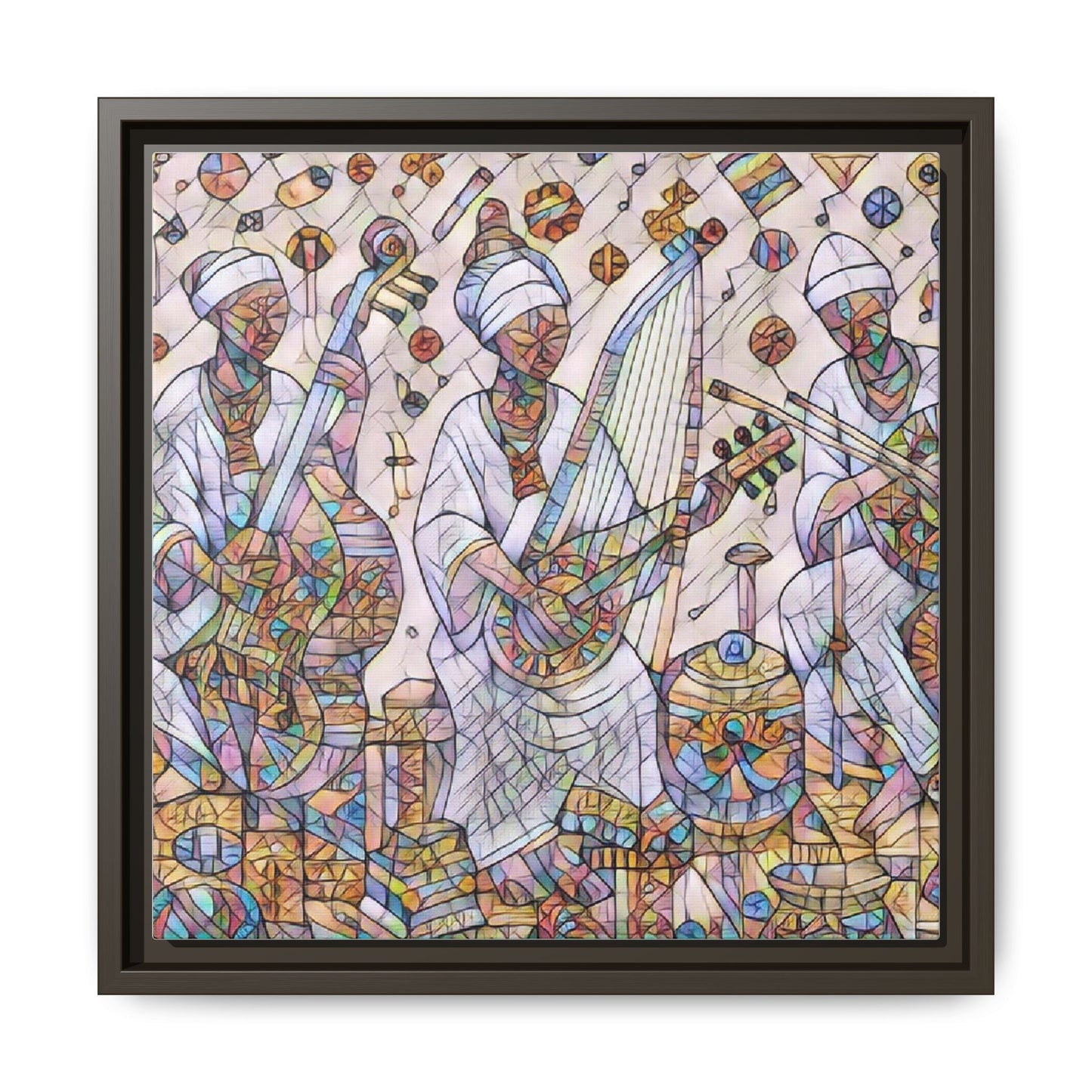 Framed Matte Canvas Print — Colorful African Musicians Stained-Glass Art