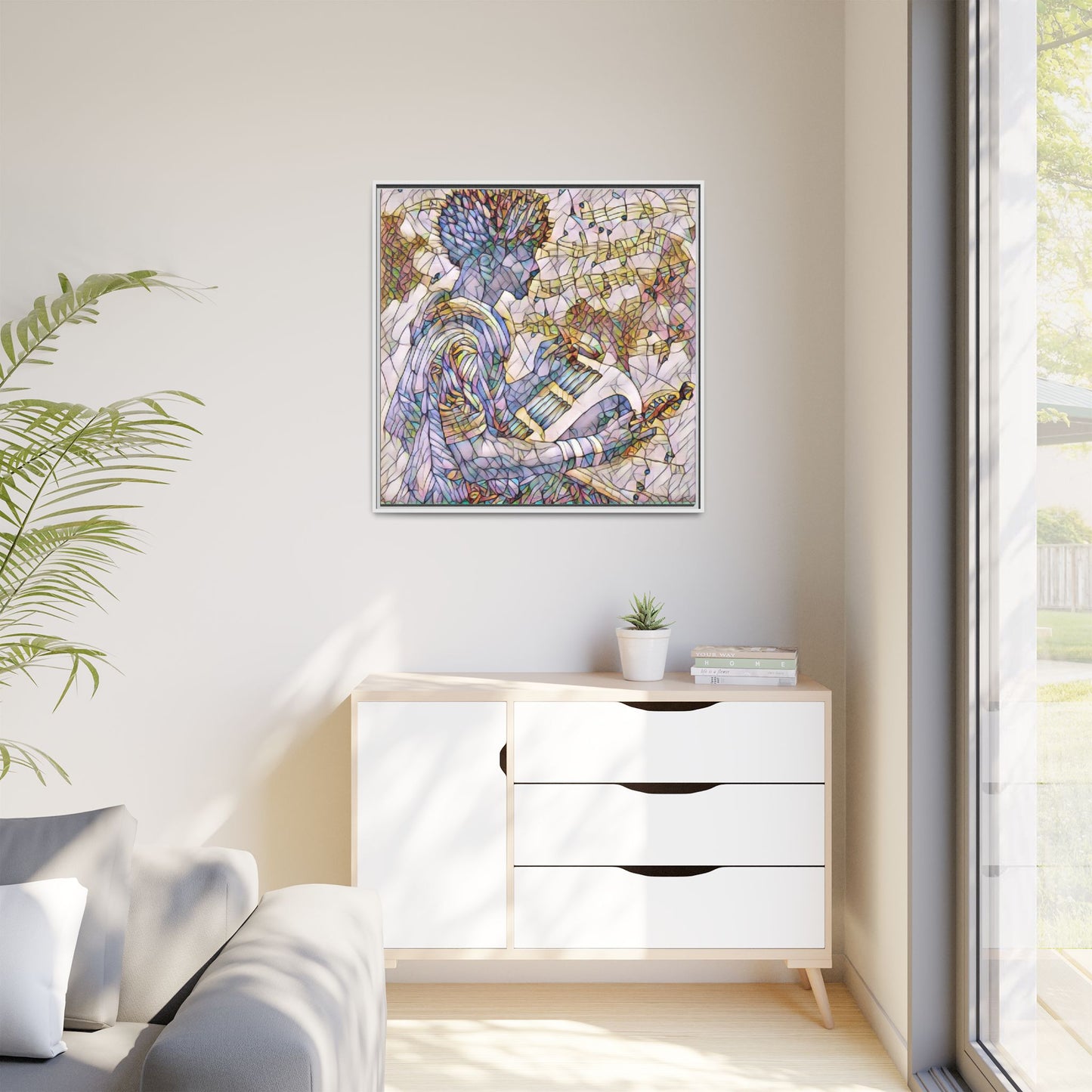 Abstract Jazz Musician Framed Canvas Art — Colorful Stained-Glass Style Wall Decor
