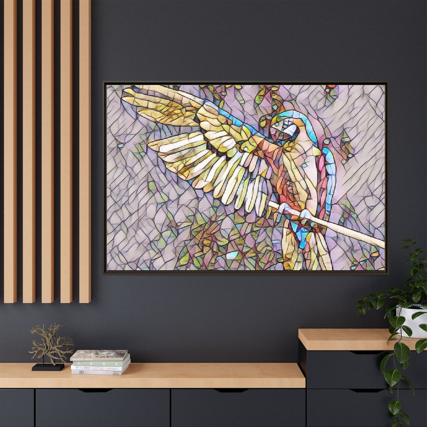 Framed Parrot Stained-Glass Art Print — Matte Canvas Wall Decor