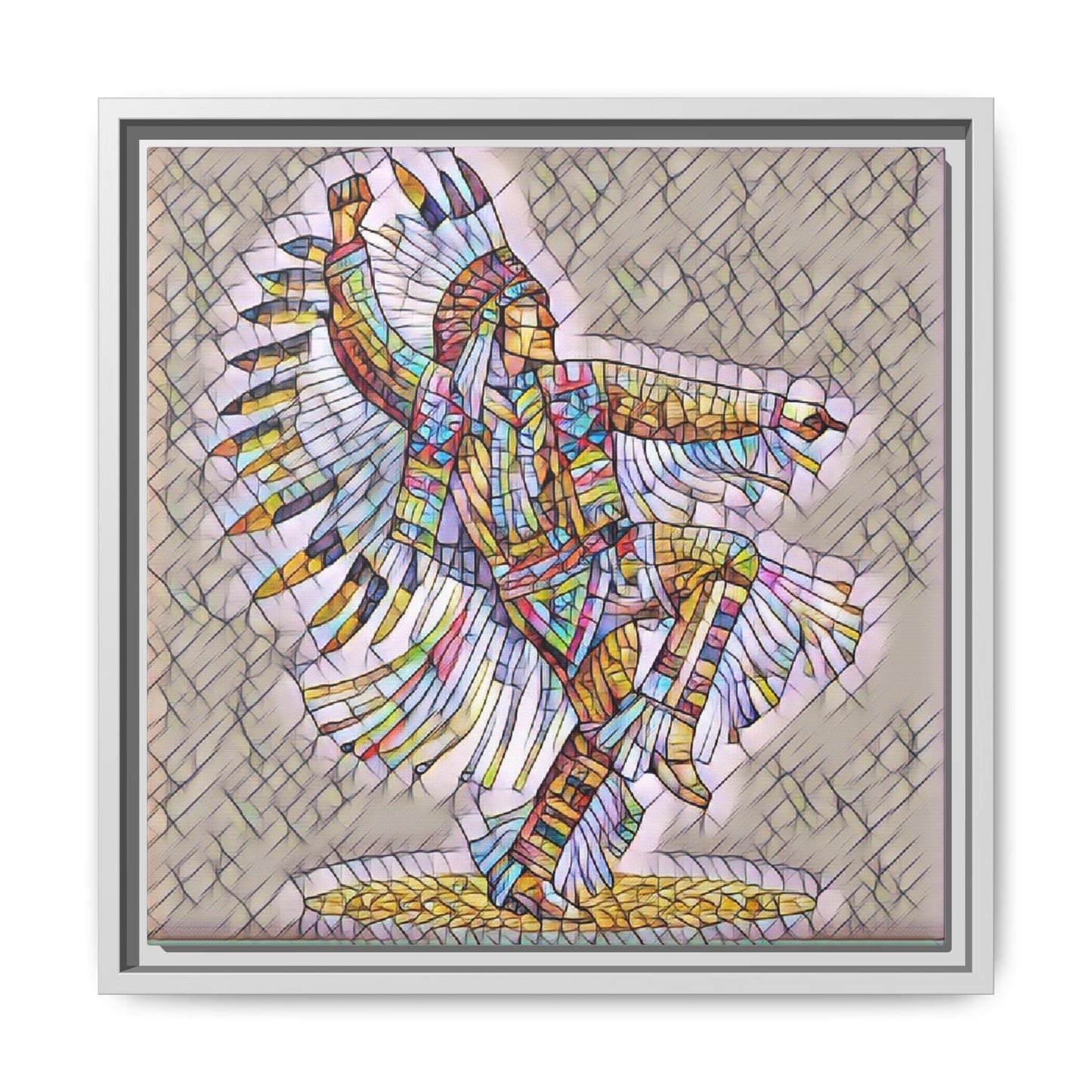 Colorful Native Dancer Framed Canvas Art — Stained Glass Style Wall Decor