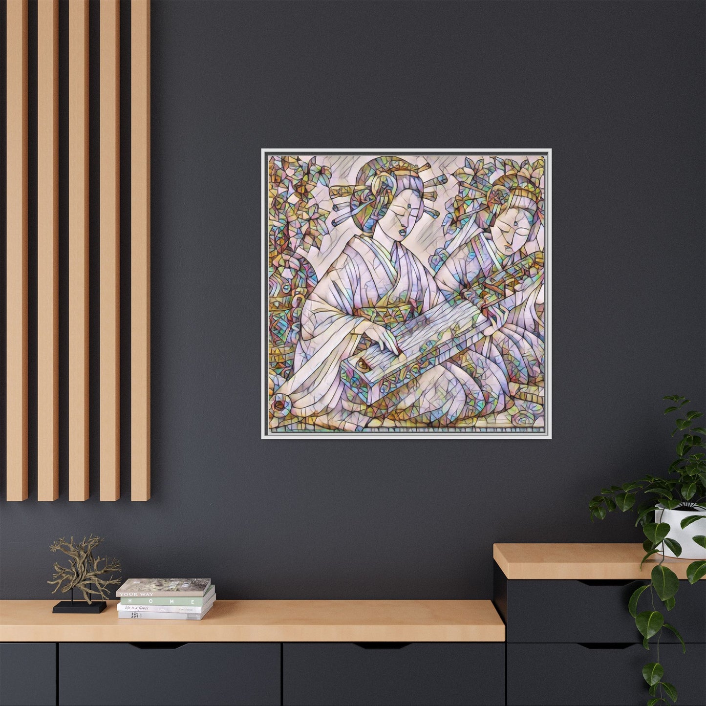 Framed Matte Canvas Print — Stained-Glass Geisha Duo