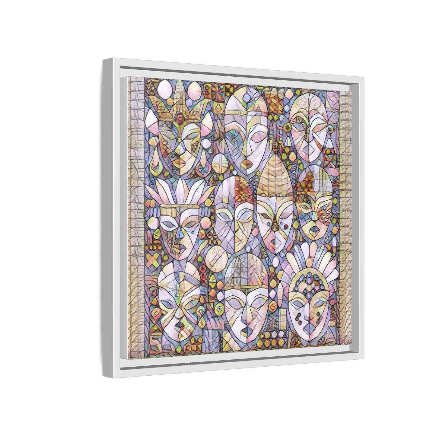 Framed Abstract Mask Art Canvas — Multicolor Stained-Glass Faces Wall Decor