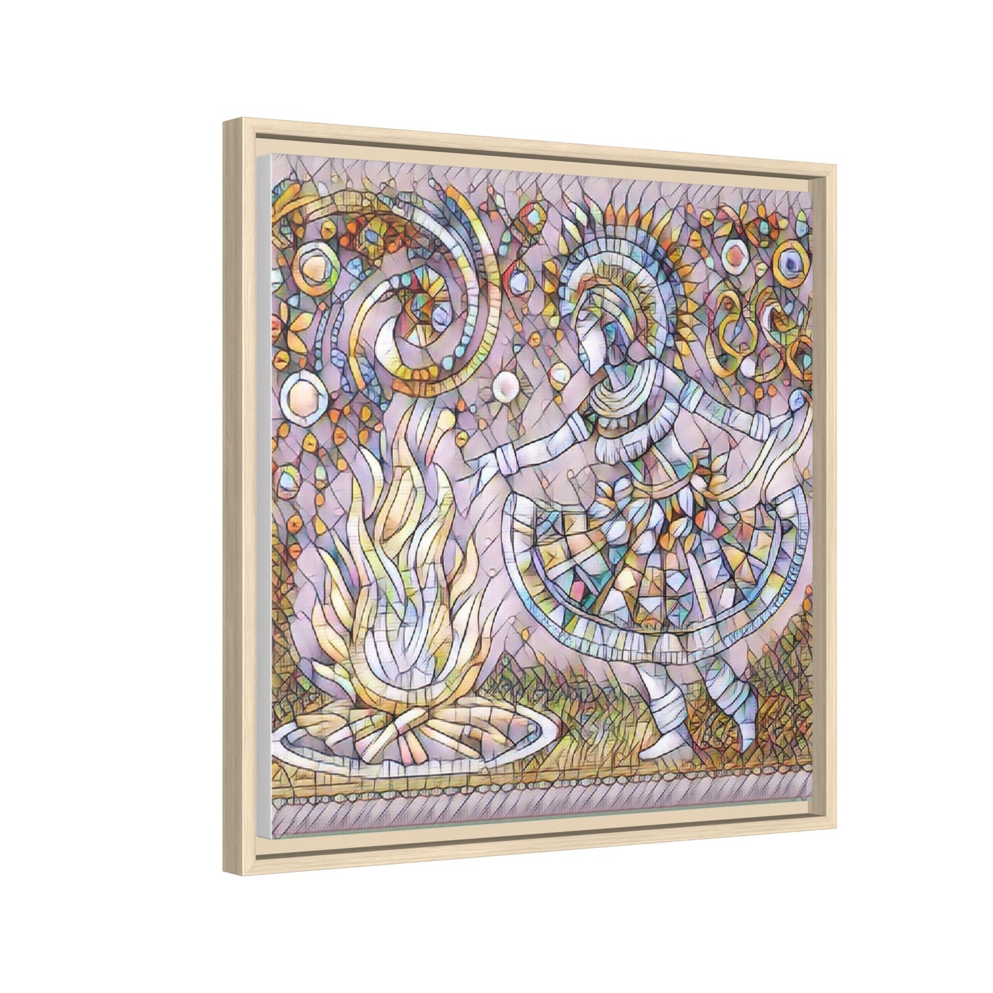 Bohemian Fire Dancer Framed Canvas Art — Colorful Folk Mosaic Wall Decor