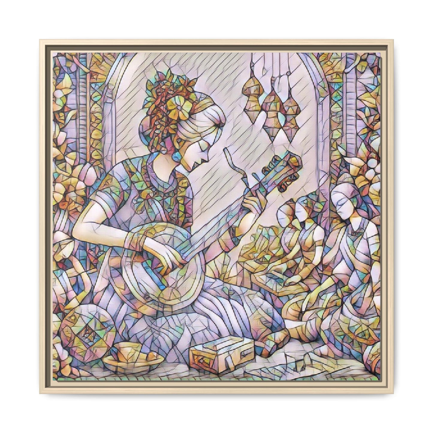 Framed Matte Canvas: Bohemian Woman Playing Lute — Stained-Glass Style Wall Art