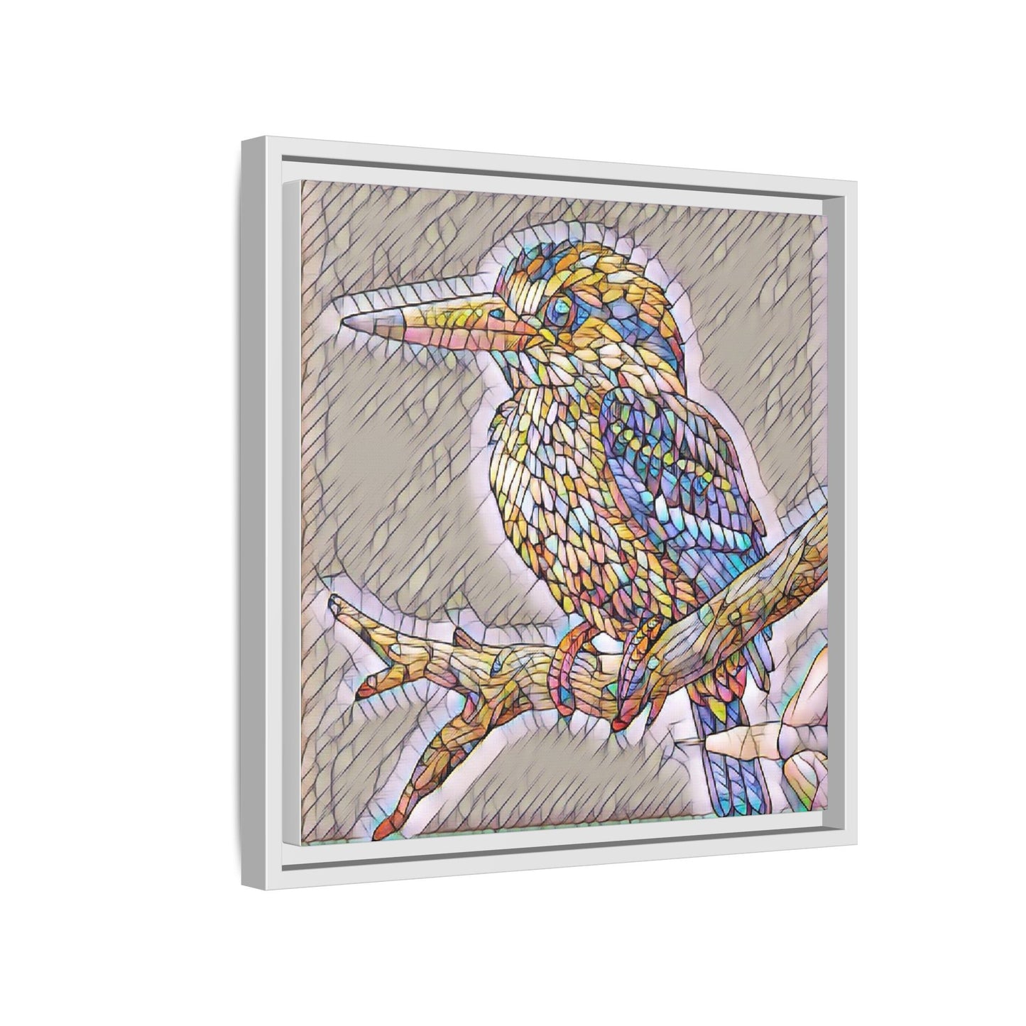 Colorful Kingfisher Framed Canvas Wall Art — Stained-Glass Style Bird Print