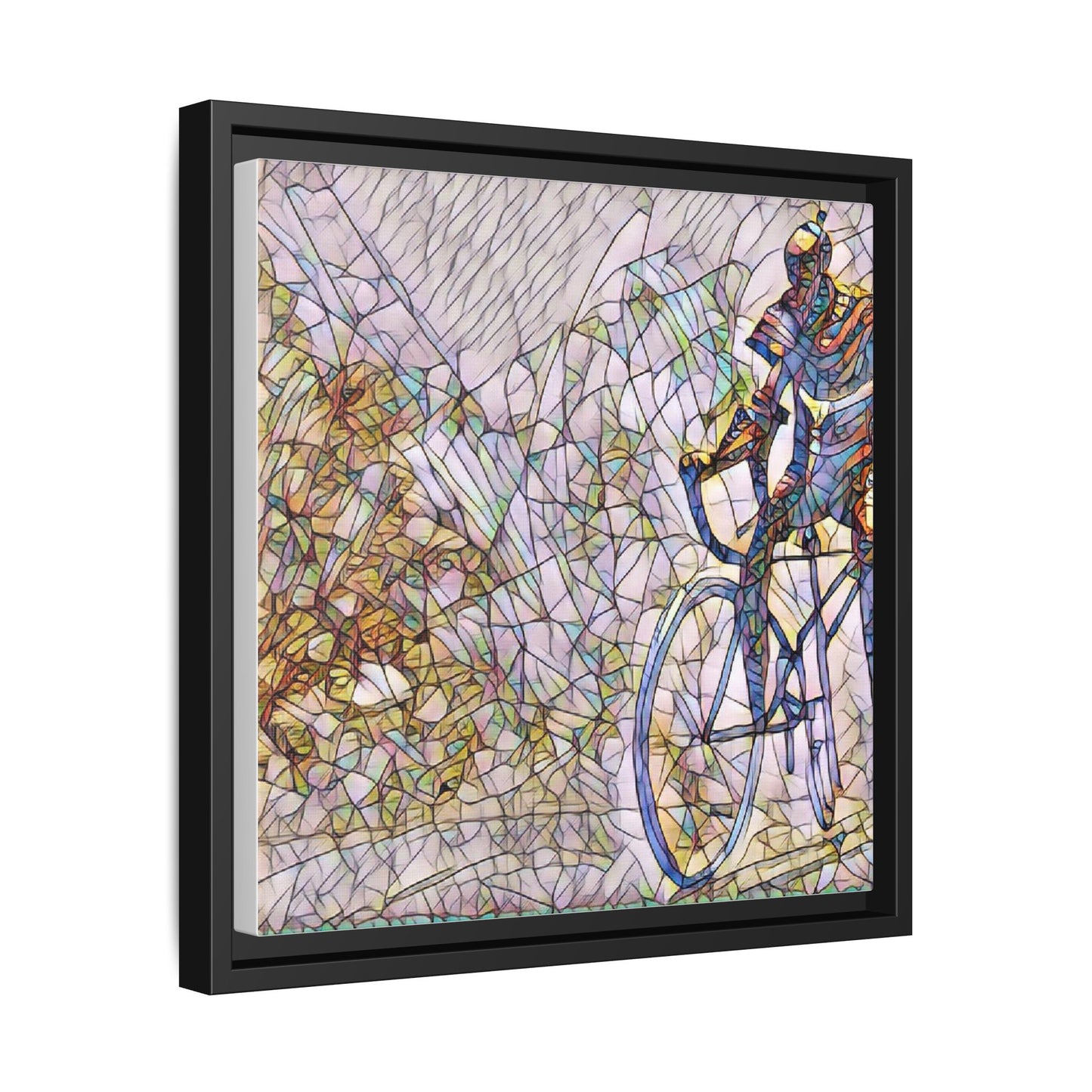 Colorful Cyclist Stained-Glass Art — Framed Matte Canvas