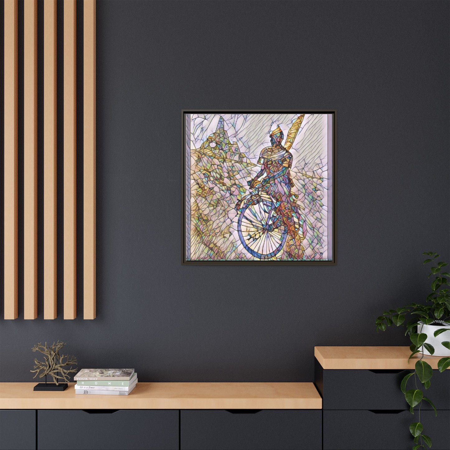 Cyclist Stained Glass Art Print — Framed Matte Canvas
