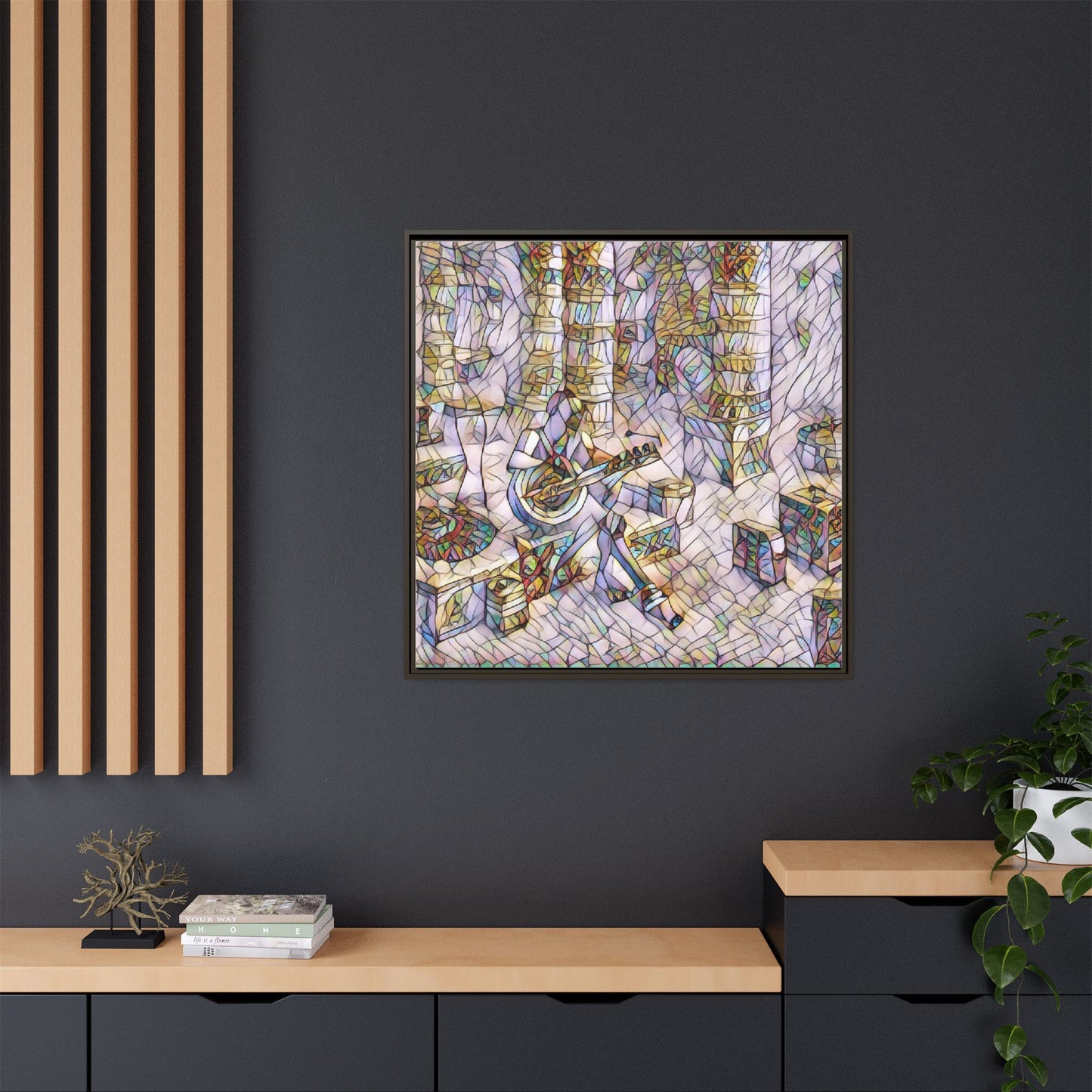 Framed Matte Canvas Art - Abstract Guitarist in Colorful Mosaic