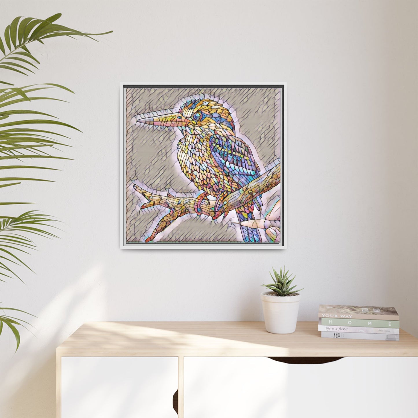 Colorful Kingfisher Framed Canvas Wall Art — Stained-Glass Style Bird Print