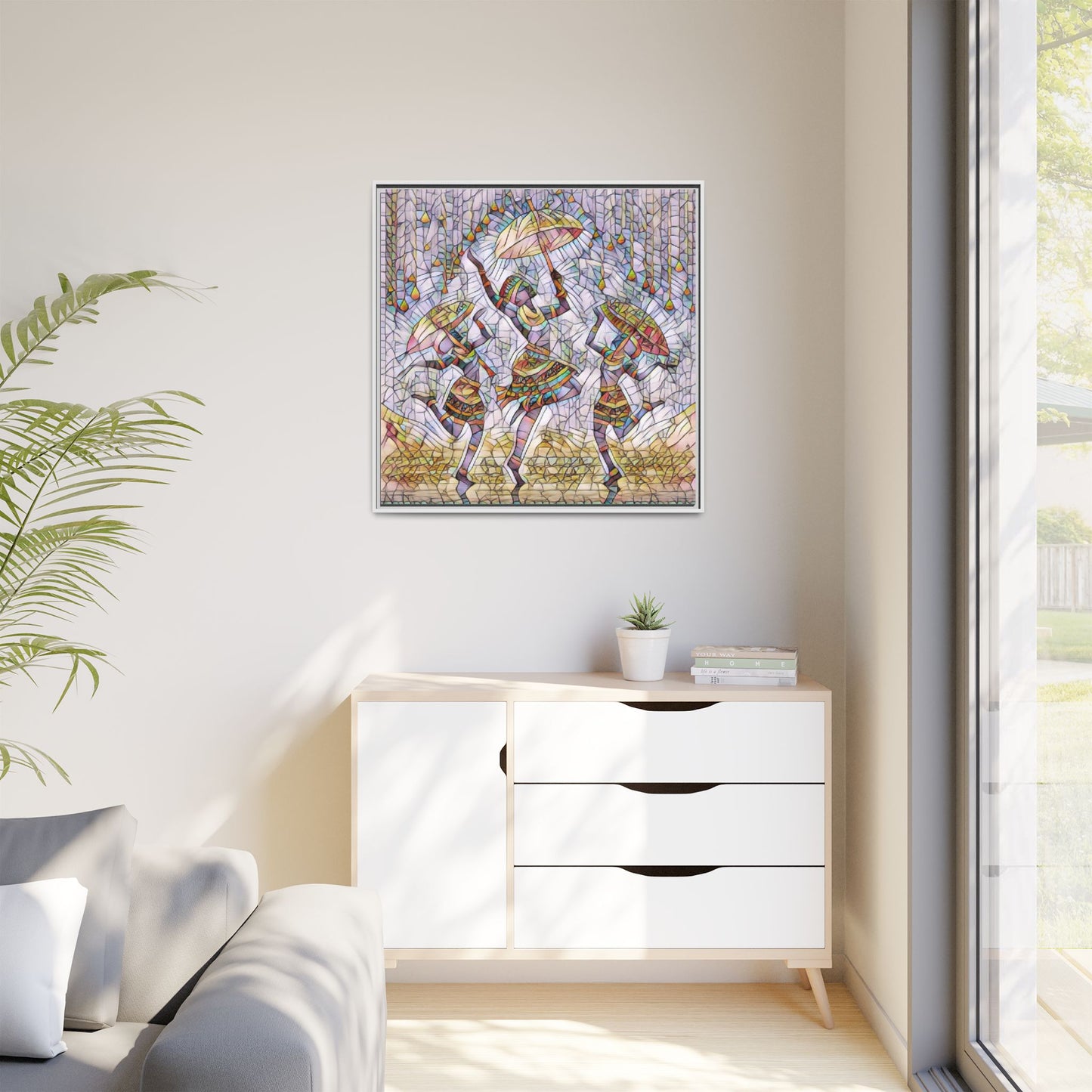 Colorful African Dance Framed Canvas Art — Umbrella Dancers Wall Decor