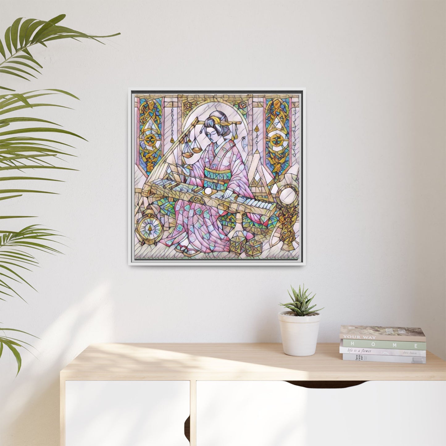 Framed Matte Canvas — Geisha Harp Stained-Glass Art Print